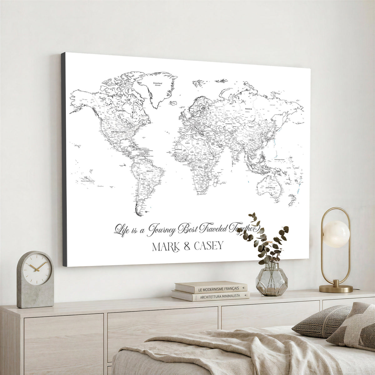 57820424-MGV-CV-36X24 - Custom Push Pin World Map Wall Art Canvas Print – Personalized Travel Tracker with Pins Framed Large for Home and Office Decor