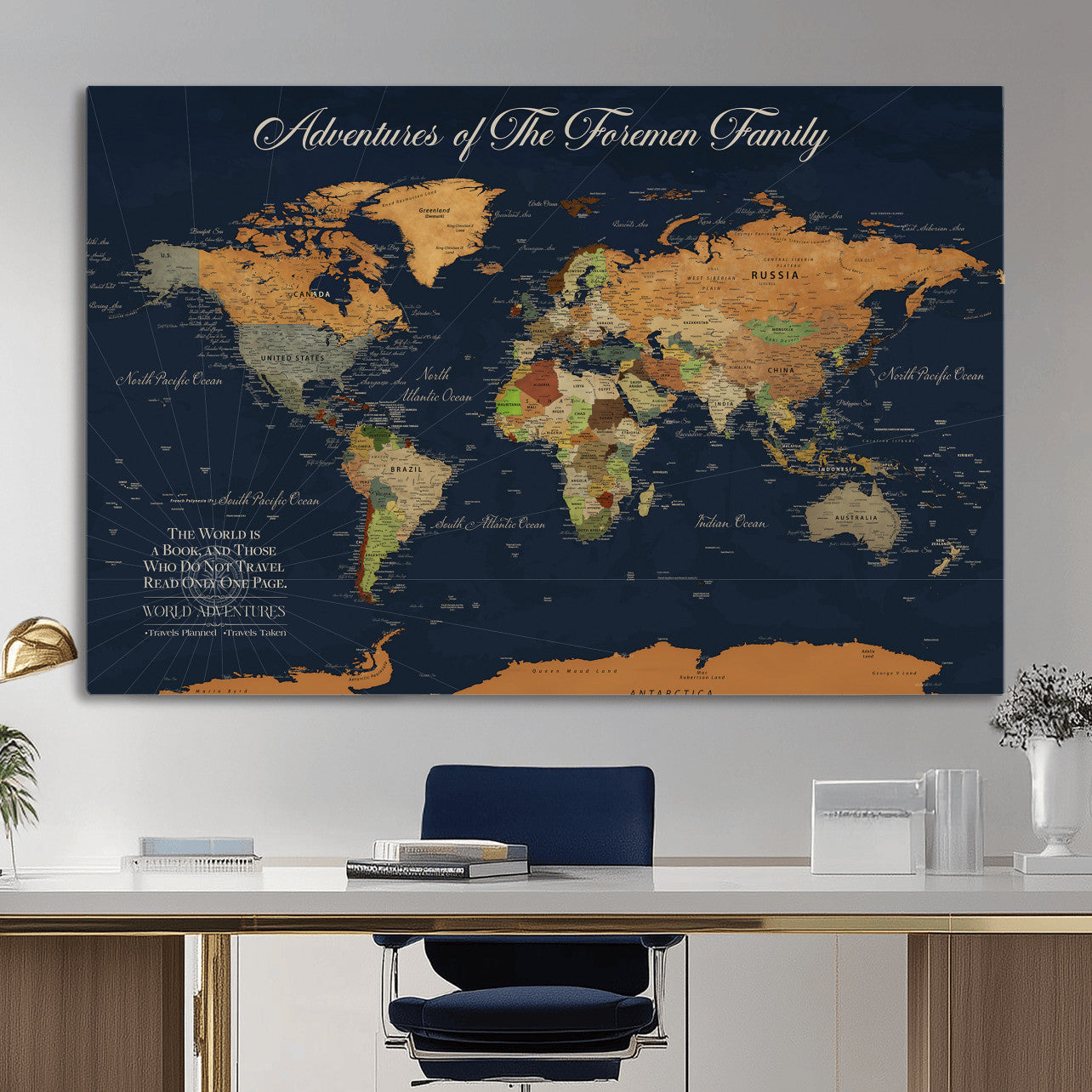 84352304-MGV-CV-36X24 - Custom Push Pin World Map Wall Art Canvas Print – Personalized Travel Tracker with Pins Framed Large for Home and Office Decor