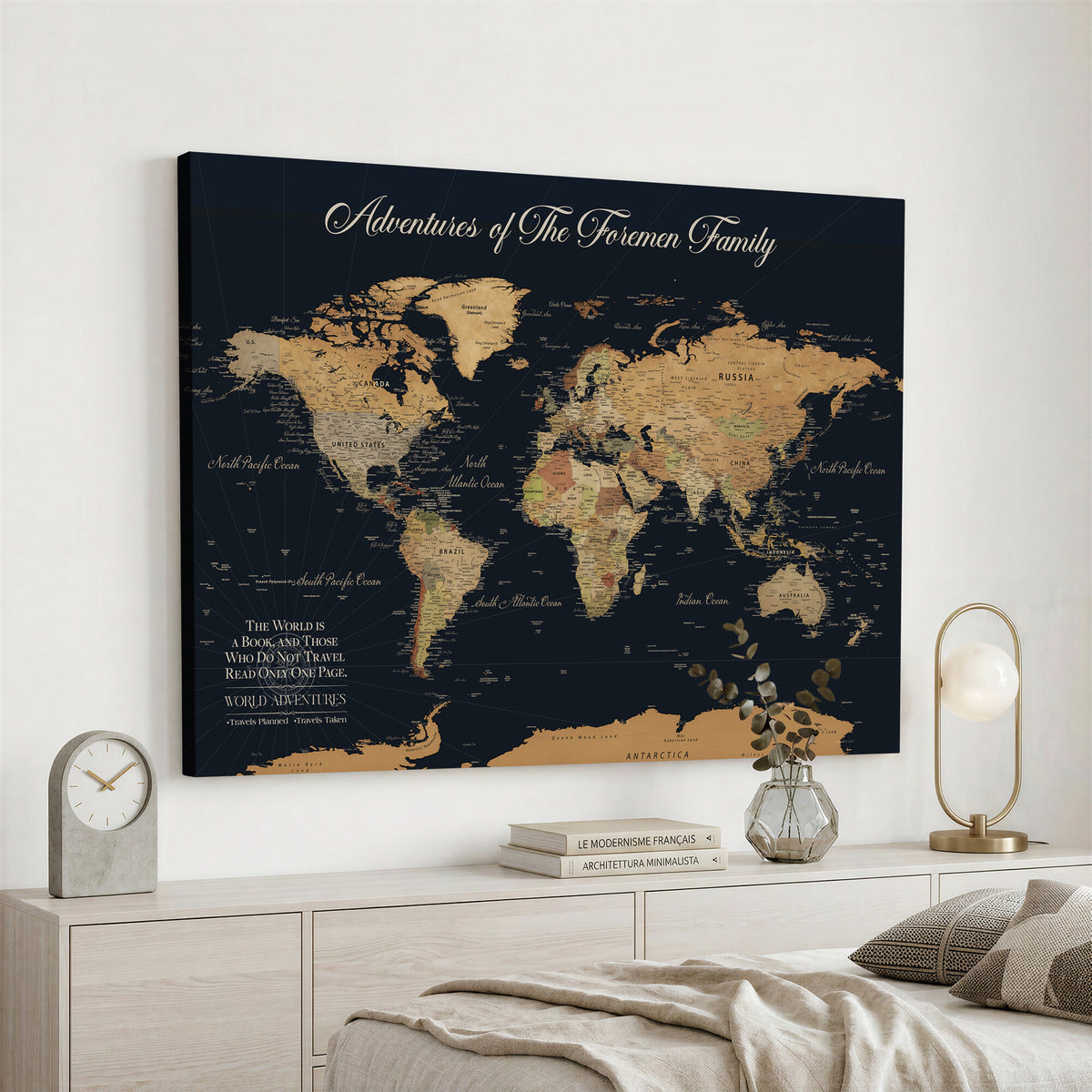 89403803-MGV-CV-36X24 - Personalized Beige Modern Family Adventure Push Pin World Map Canvas, Places Visited Tracker, Family Room and Home Office Decor