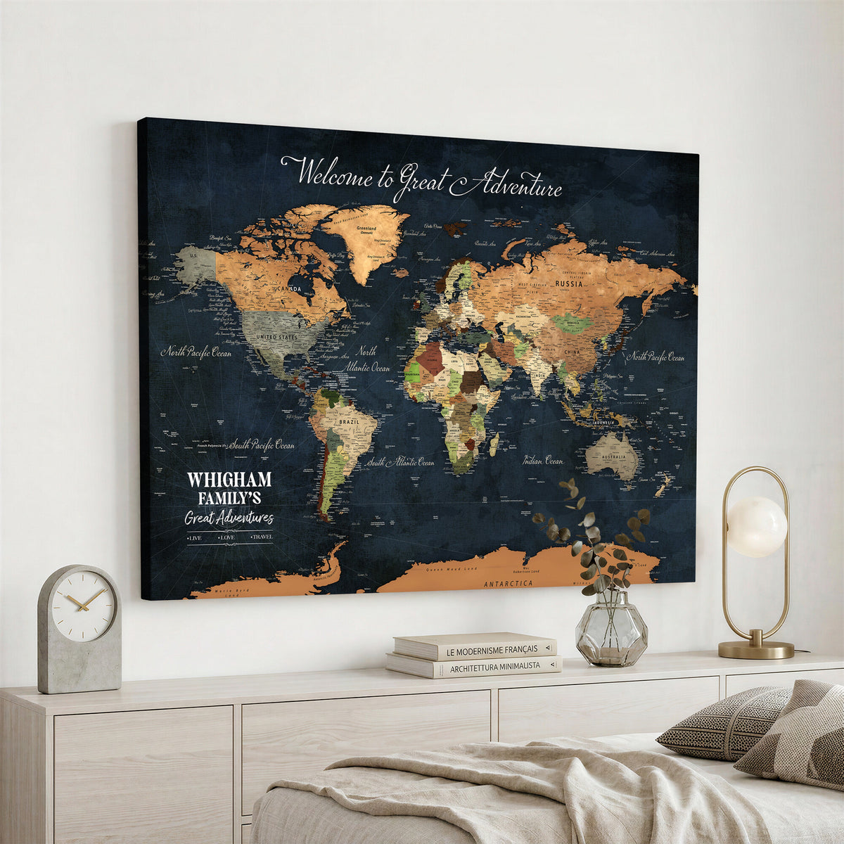 66788995-MGV-CV-36X24 - Custom Push Pin World Map Wall Art Canvas Print | Personalized Travel Tracker with Pins Framed Large for Home and Office Decor