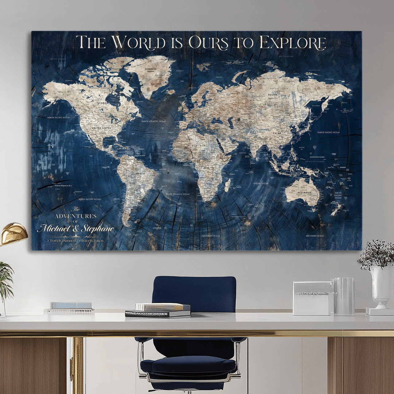 76965912-MGV-CV-36X24 - Custom Push Pin World Map Wall Art Canvas Print – Personalized Travel Tracker with Pins Framed Large for Home and Office Decor