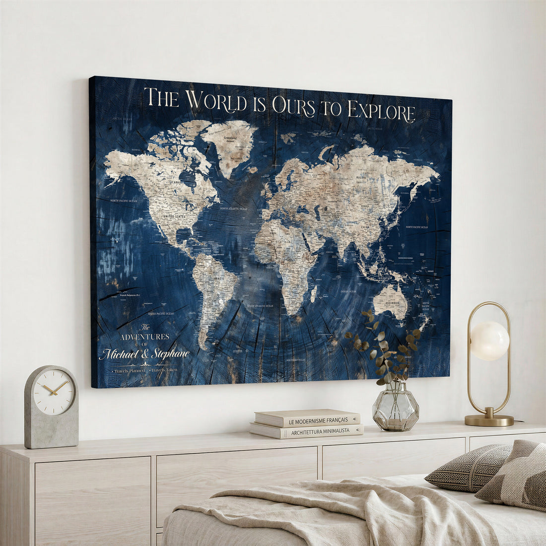 Custom Push Pin World Map Canvas Print, Bucket List Map, Study and Entryway Decor