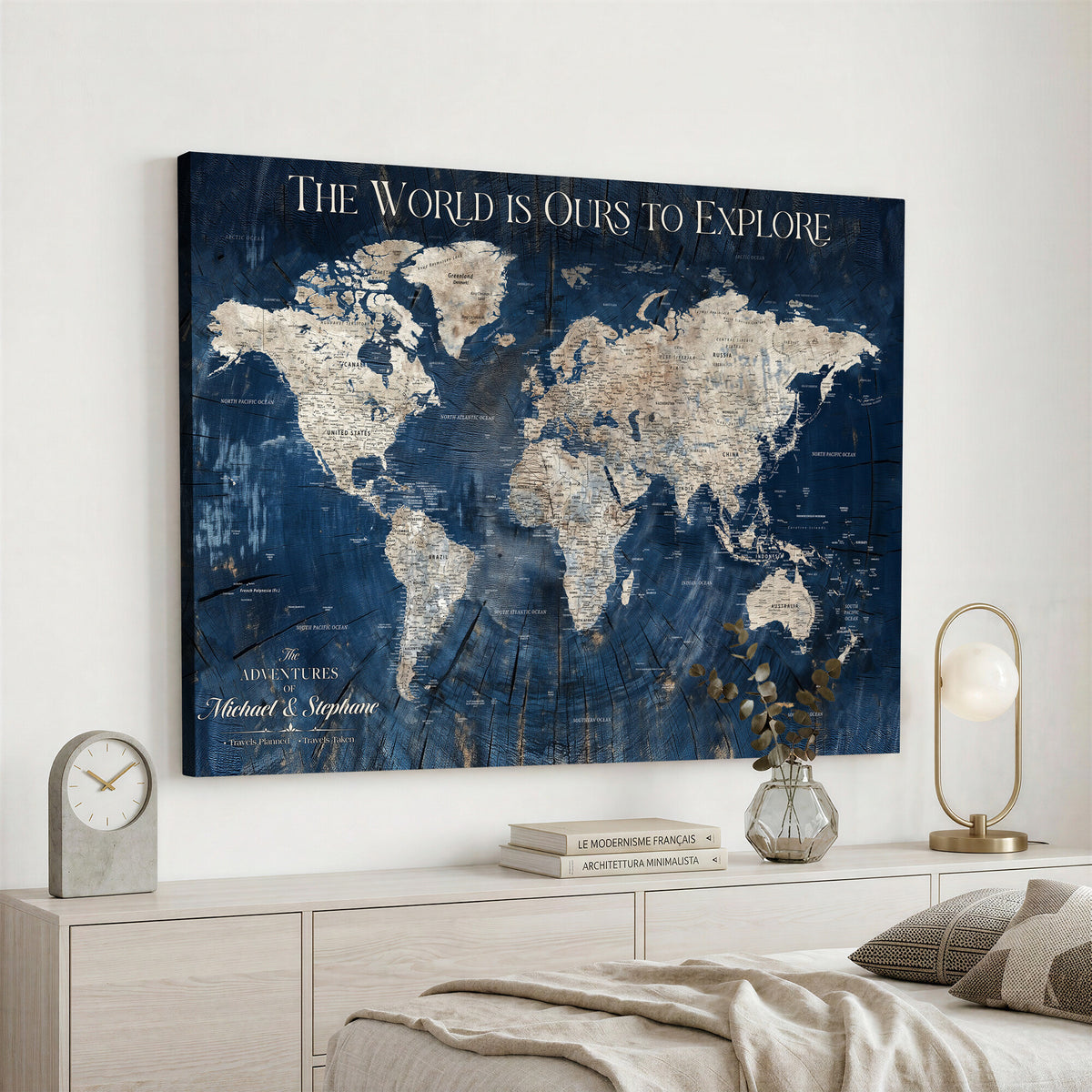 76965912-MGV-CV-36X24 - Custom Push Pin World Map Wall Art Canvas Print – Personalized Travel Tracker with Pins Framed Large for Home and Office Decor