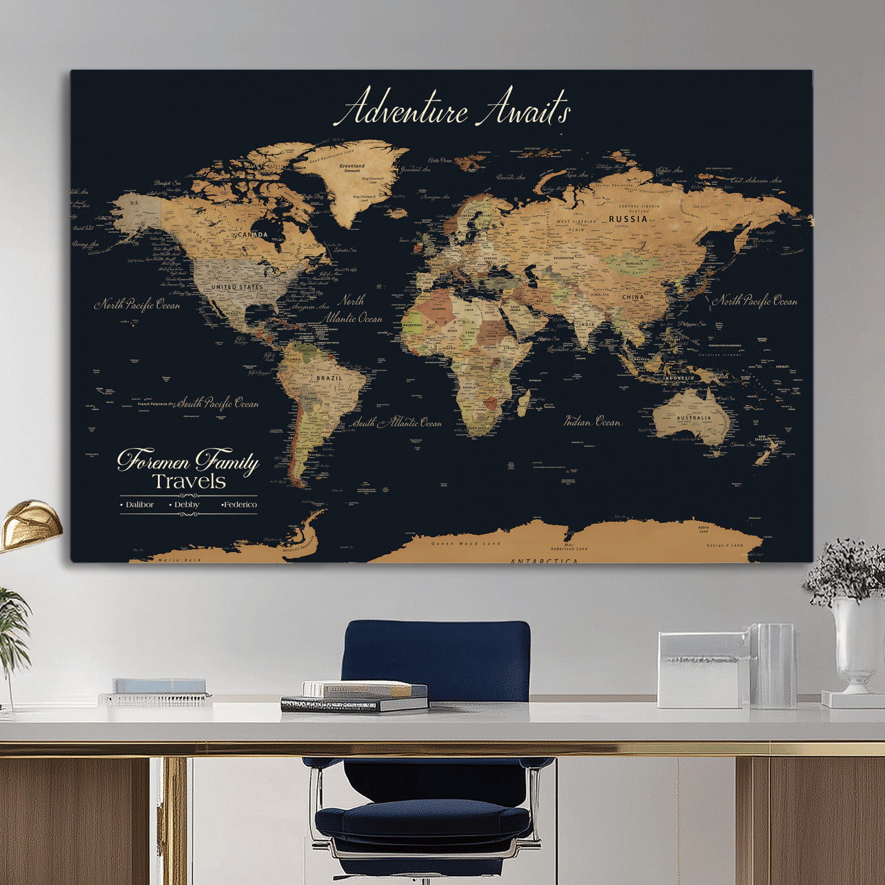 31781393-MGV-CV-36X24 - Custom Push Pin World Map Wall Art Canvas Print – Personalized Travel Tracker with Pins Framed Large for Home Decor