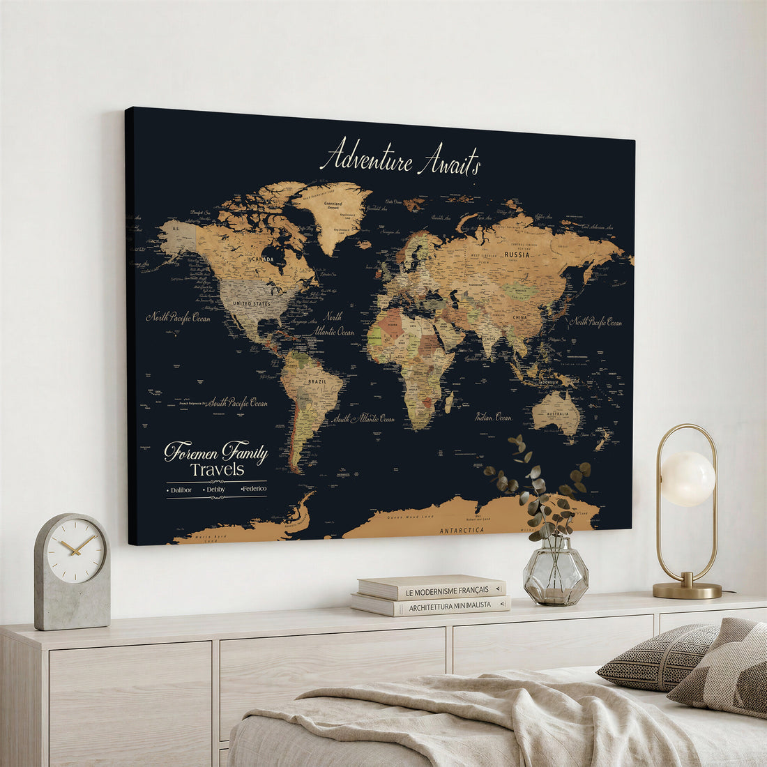 Personalized Framed Beige Geometric Family Push Pin World Map Canvas Print, Next Trip Planner Map, Family Room and Entryway Decor