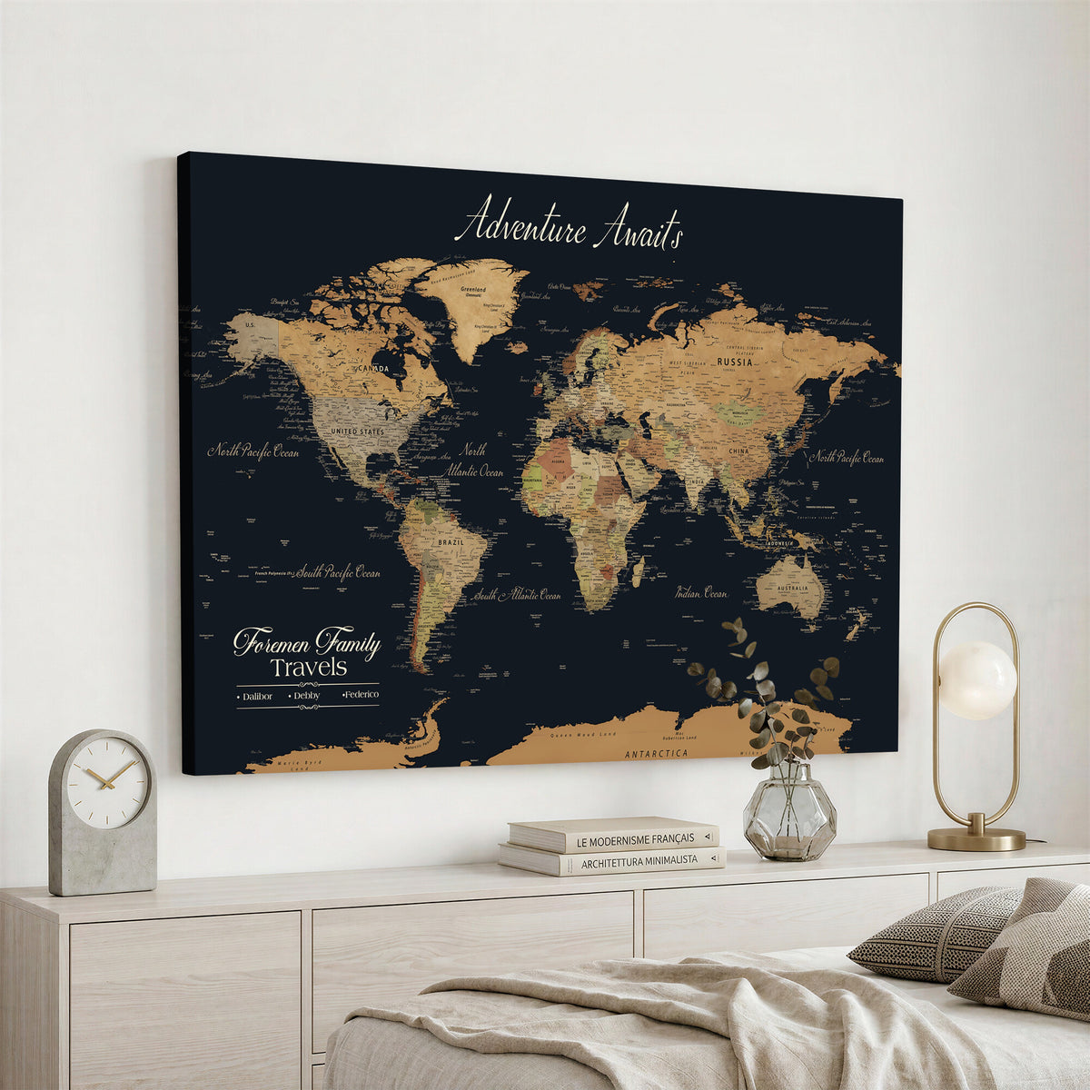31781393-MGV-CV-36X24 - Custom Push Pin World Map Wall Art Canvas Print | Personalized Travel Tracker with Pins Framed Large for Home Decor