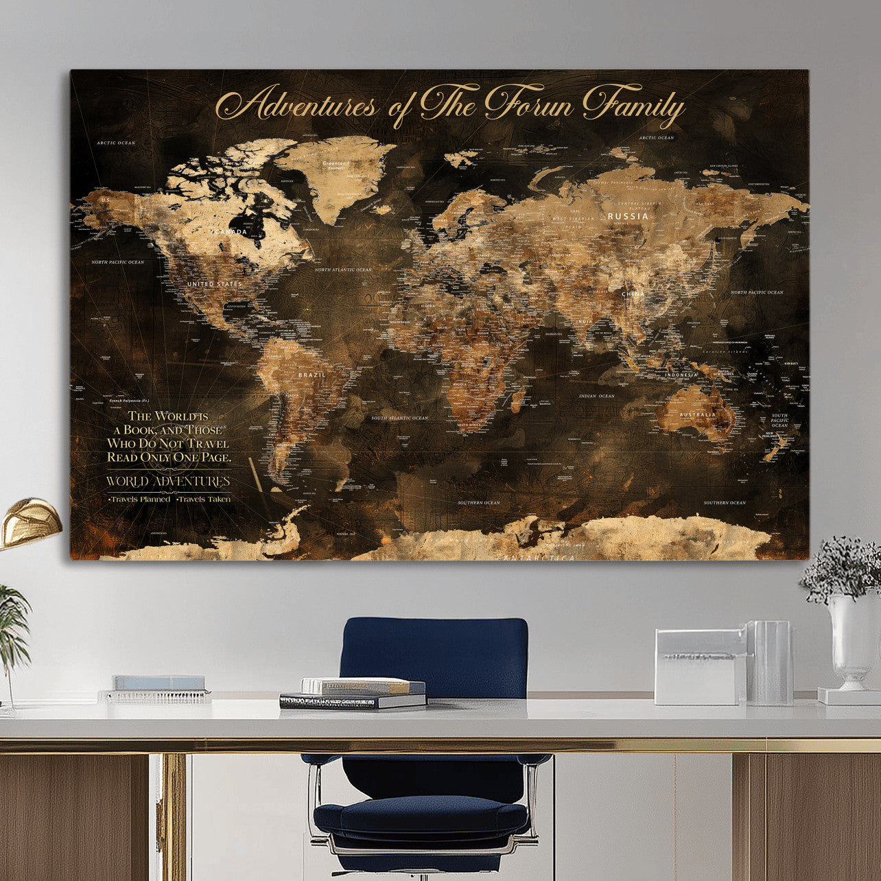 20594960-MGV-CV-36X24 - Custom Push Pin World Map Wall Art Canvas Print – Personalized Travel Tracker with Pins Framed Large for Home and Office Decor