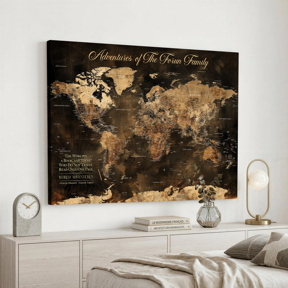 20594960-MGV-CV-36X24 - Custom Push Pin World Map Wall Art Canvas Print – Personalized Travel Tracker with Pins Framed Large for Home and Office Decor