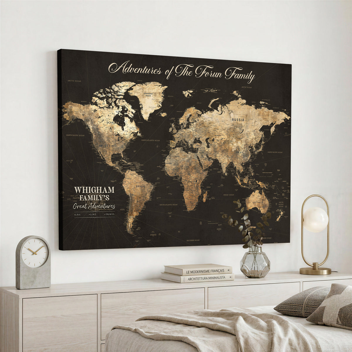 80238567-MGV-CV-36X24 - Custom Push Pin World Map Wall Art Canvas Print | Personalized Travel Tracker with Pins Framed Large for Home and Office Decor
