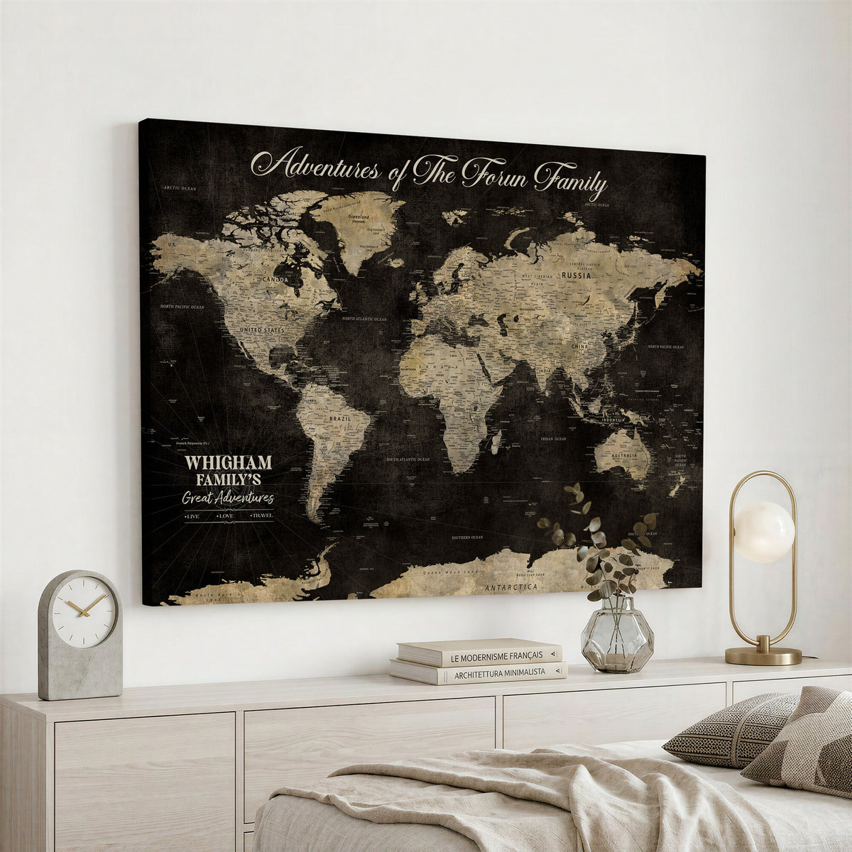 26348249-MGV-CV-36X24 - Custom Push Pin World Map Wall Art Canvas Print | Personalized Travel Tracker with Pins Framed Large for Home and Office Decor