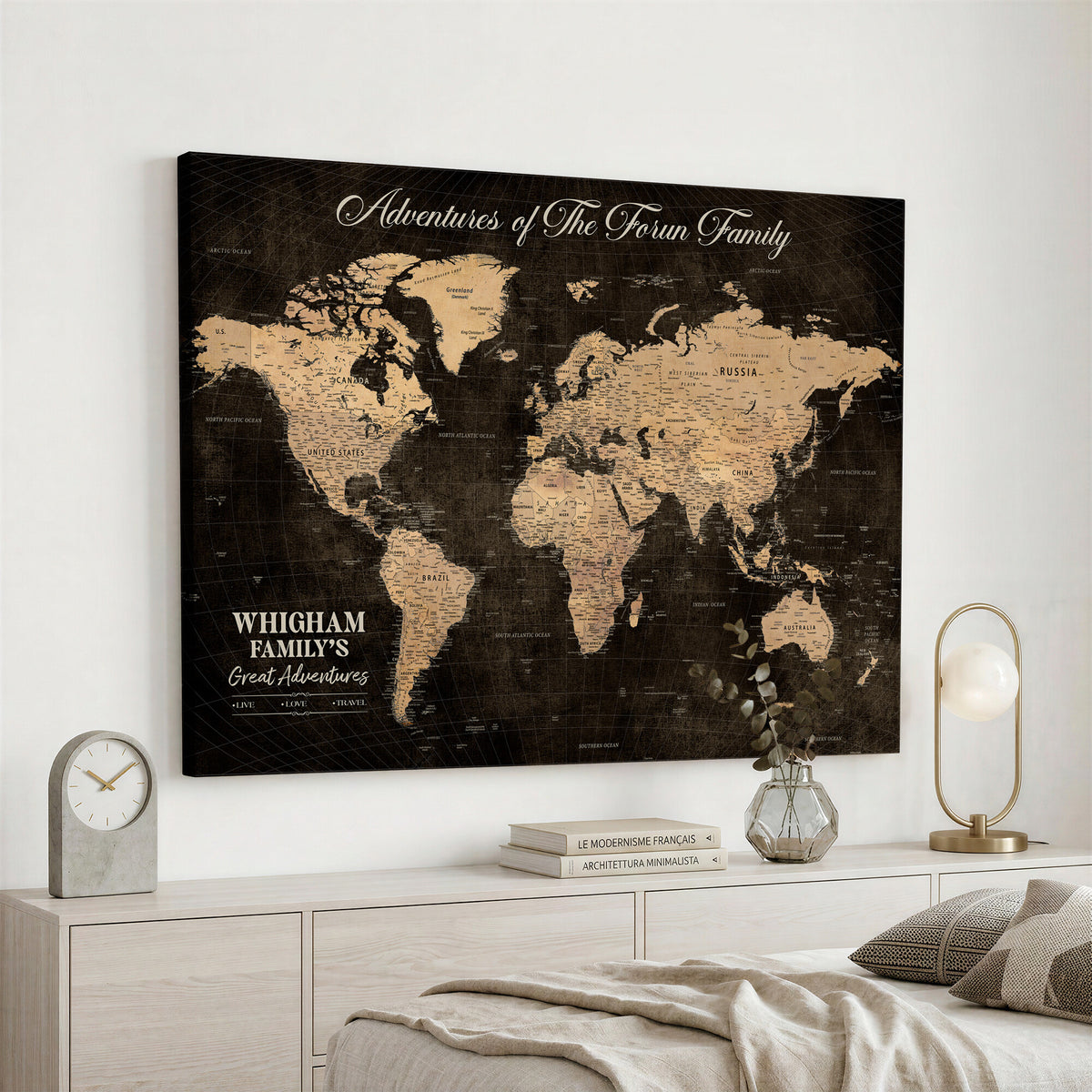68639184-MGV-CV-36X24 - Custom Push Pin World Map Wall Art Canvas Print | Personalized Travel Tracker with Pins Framed Large for Home and Office Decor