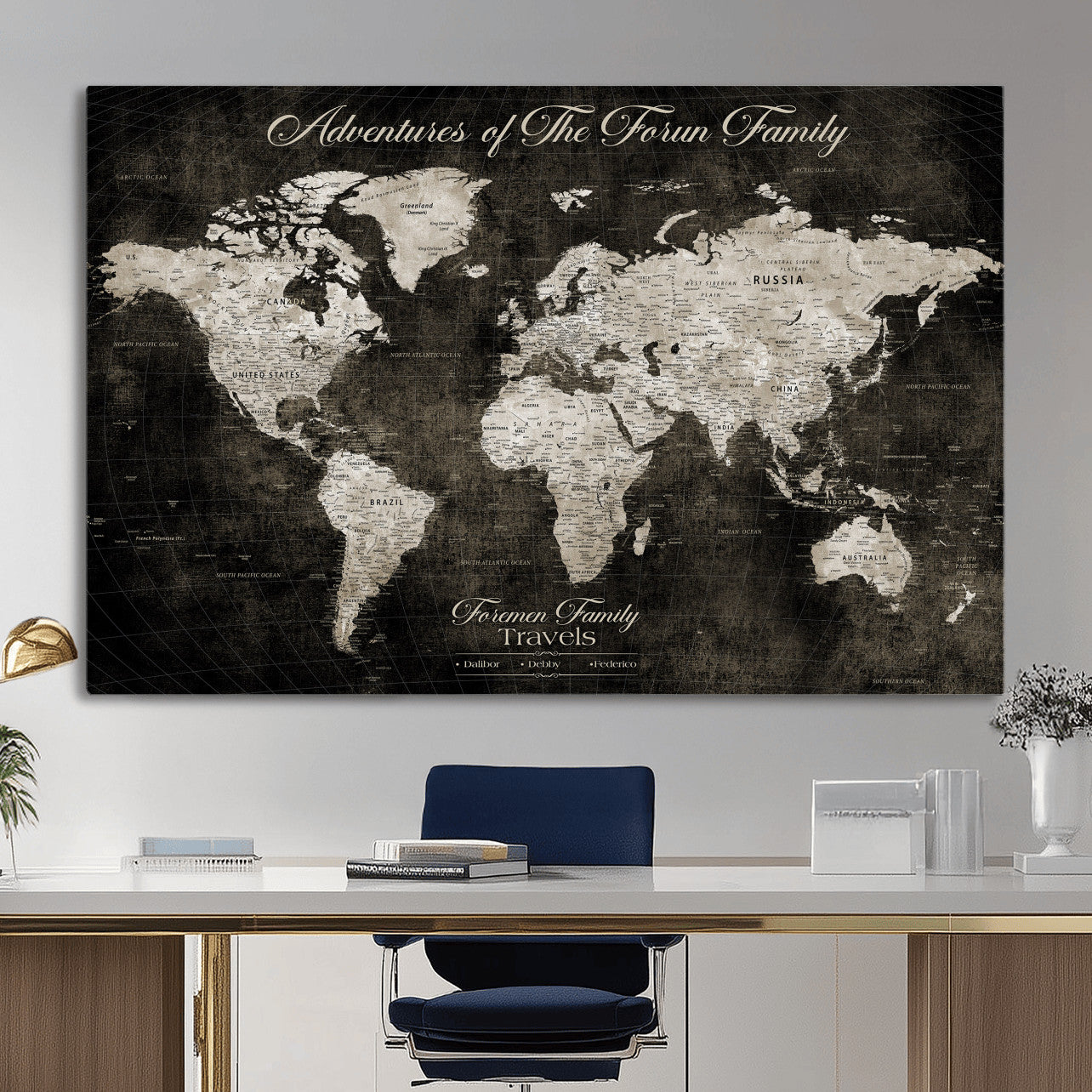 73767525-MGV-CV-36X24 - Custom Push Pin World Map Wall Art Canvas Print – Personalized Travel Tracker with Pins Framed Large for Home and Office Decor