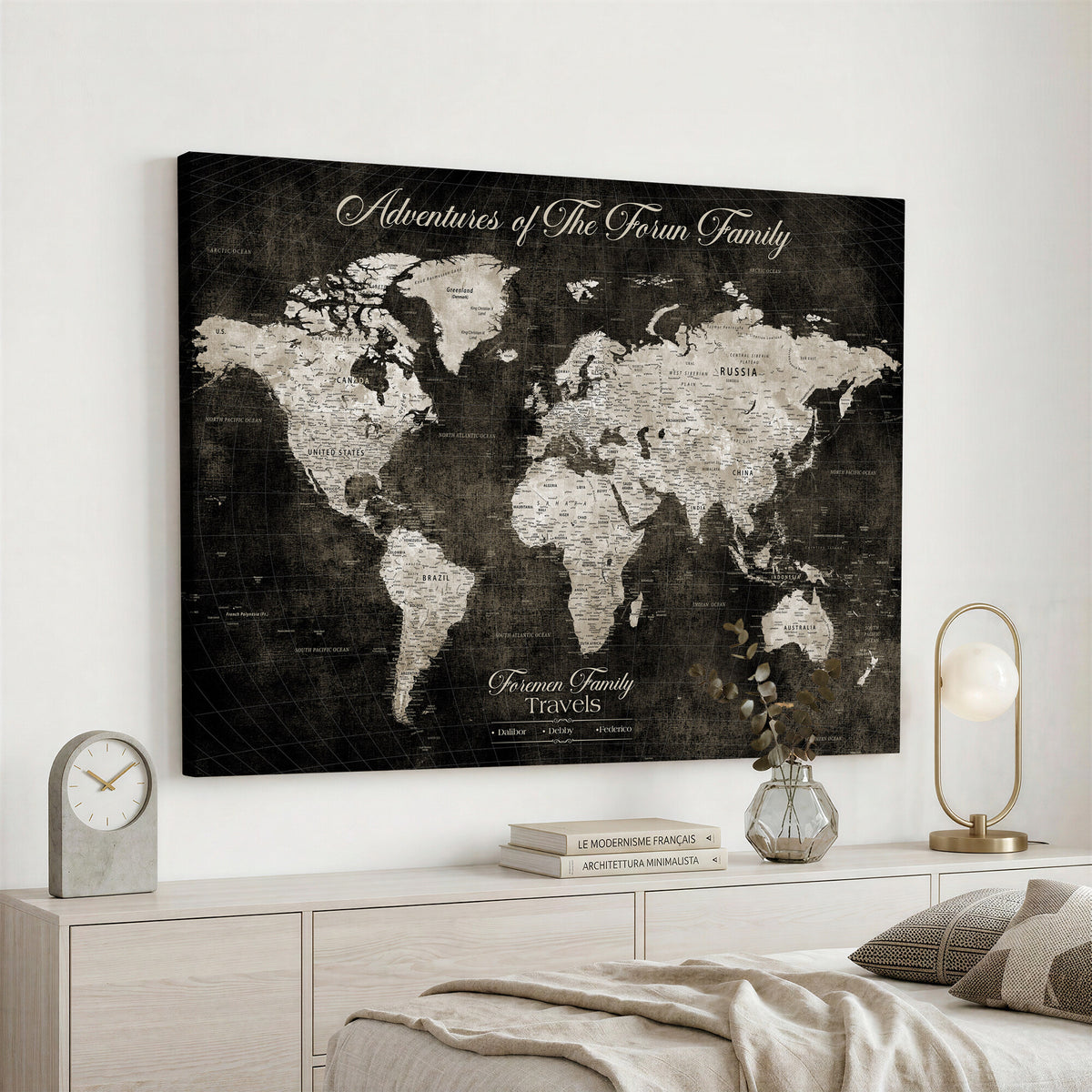 73767525-MGV-CV-36X24 - Custom Push Pin World Map Wall Art Canvas Print | Personalized Travel Tracker with Pins Framed Large for Home and Office Decor