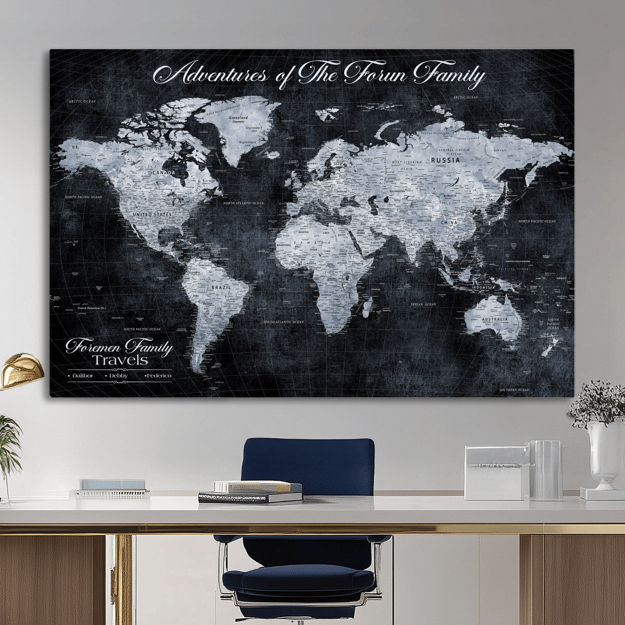 26826520-MGV-CV-36X24 - Custom Push Pin World Map Wall Art Canvas Print – Personalized Travel Tracker with Pins Framed Large for Home and Office Decor