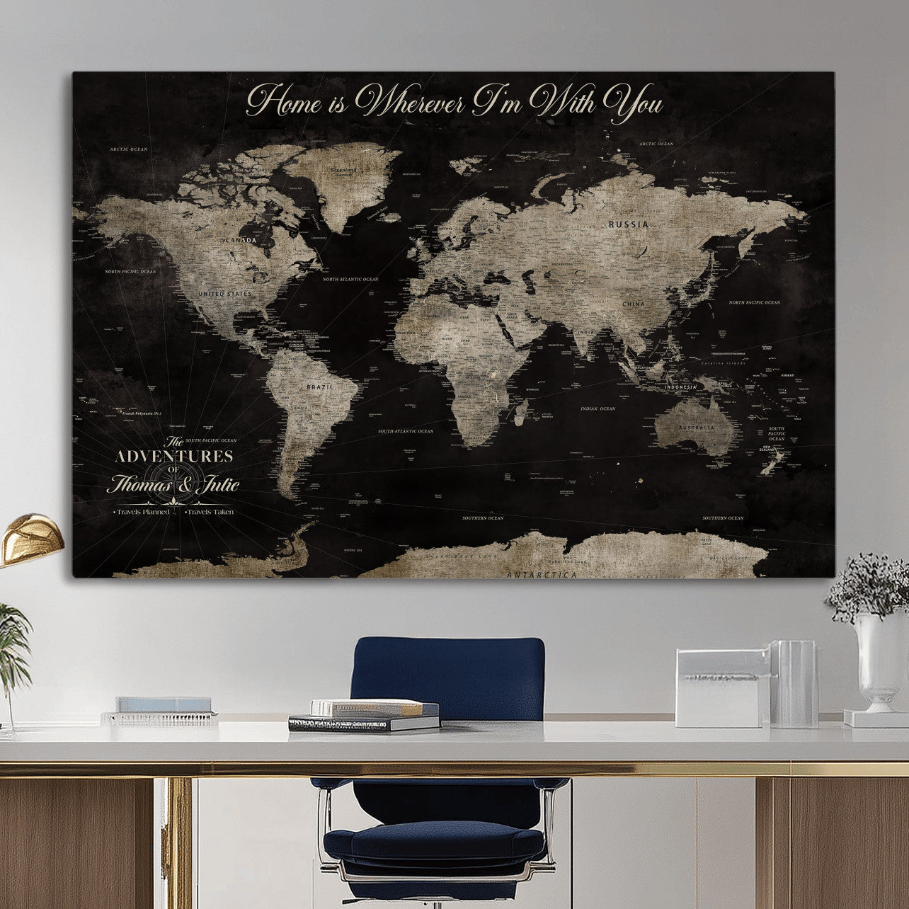 28461537-MGV-CV-36X24 - Custom Push Pin World Map Wall Art Canvas Print – Personalized Travel Tracker with Pins Framed Large for Home and Office Decor