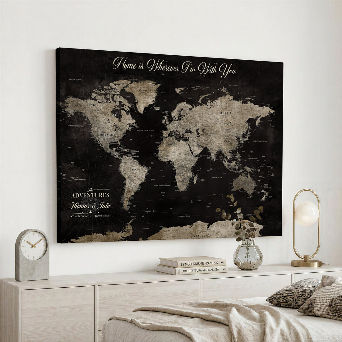 Personalized Framed Black Geometric World Map Canvas with Push Pins, Bucket List Map, Living Room and Dining Room Decor