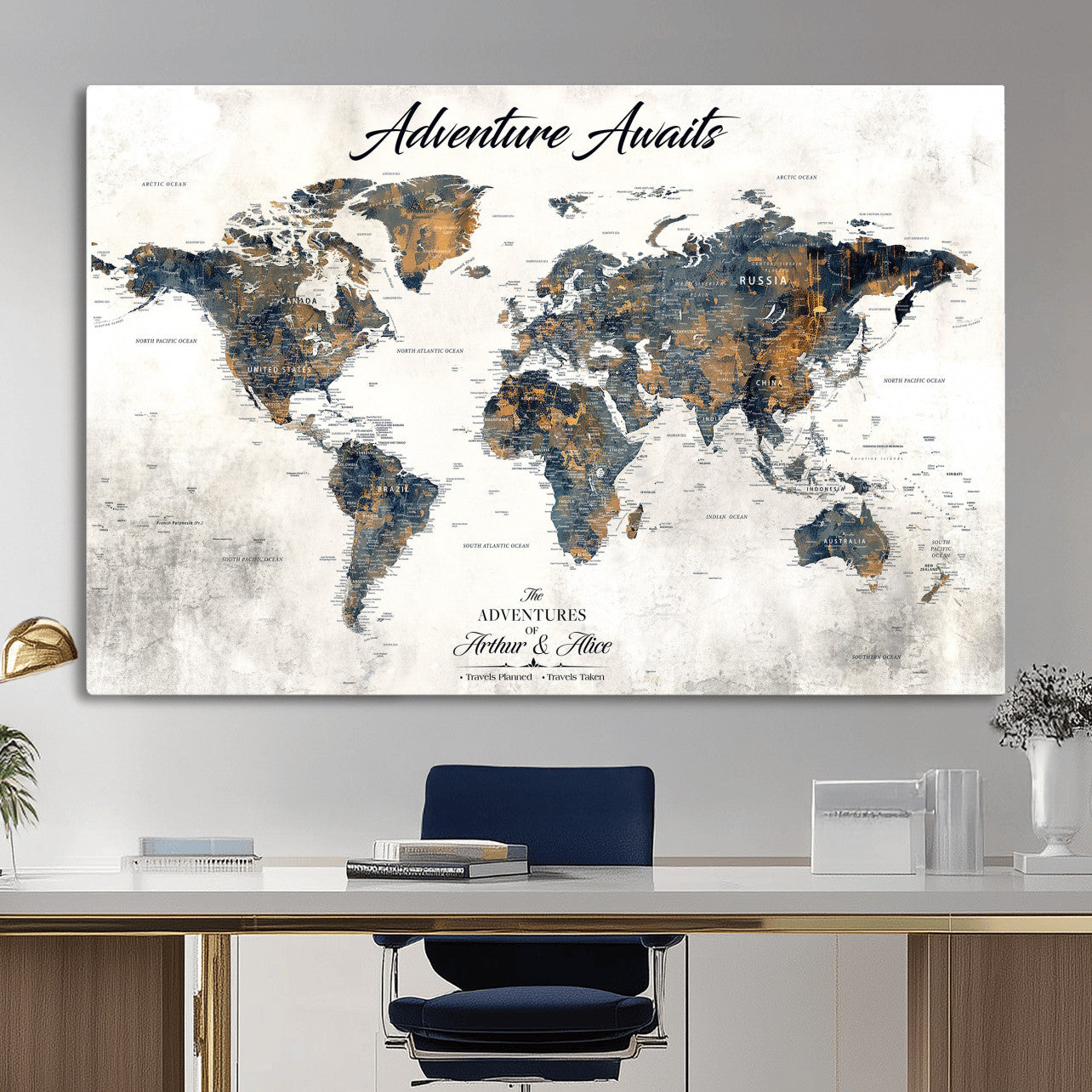 26041262-MGV-CV-36X24 - Custom Push Pin World Map Wall Art Canvas Print – Personalized Travel Tracker with Pins Framed Large for Home and Office Decor