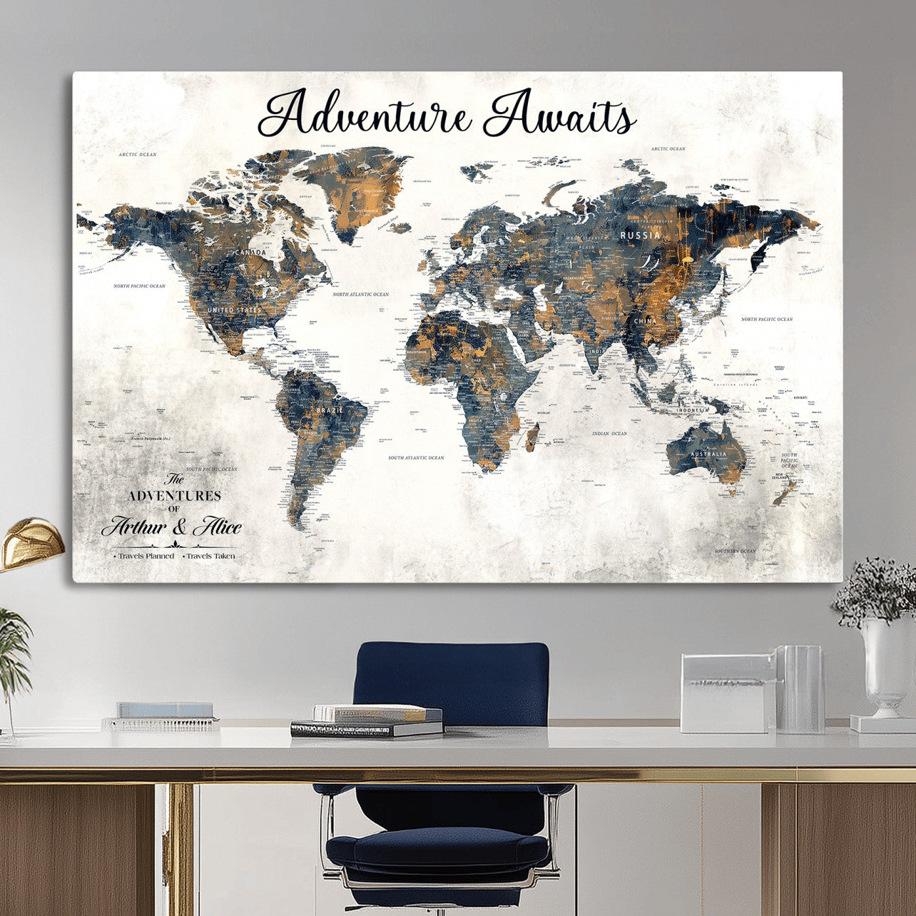 26041262-MGV-CV-36X24 - Custom Push Pin World Map Wall Art Canvas Print – Personalized Travel Tracker with Pins Framed Large for Home and Office Decor