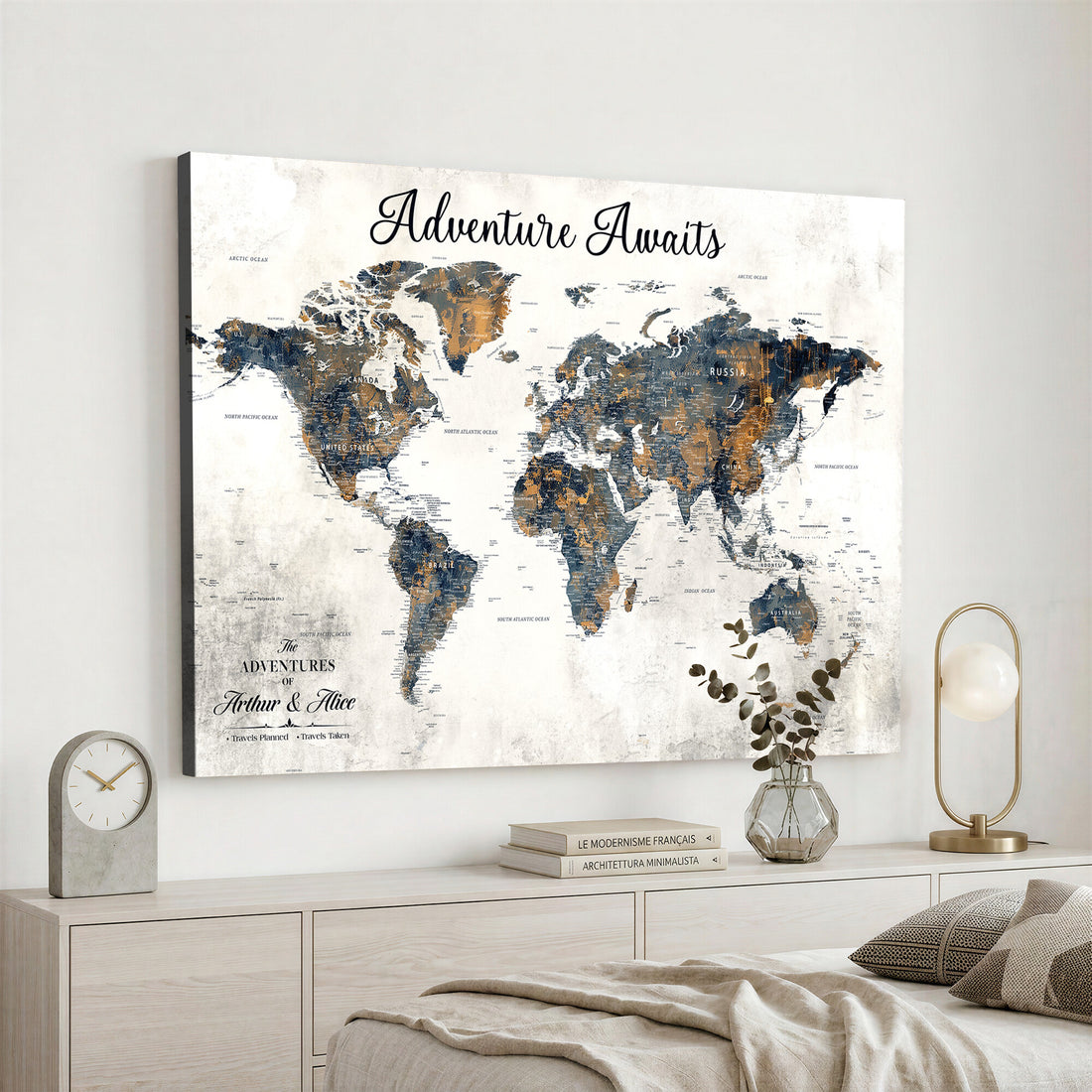 Custom Framed Beige Geometric World Travel Map Wall Art with Pins, Places Visited Tracker, Family Room and Home Office Decor