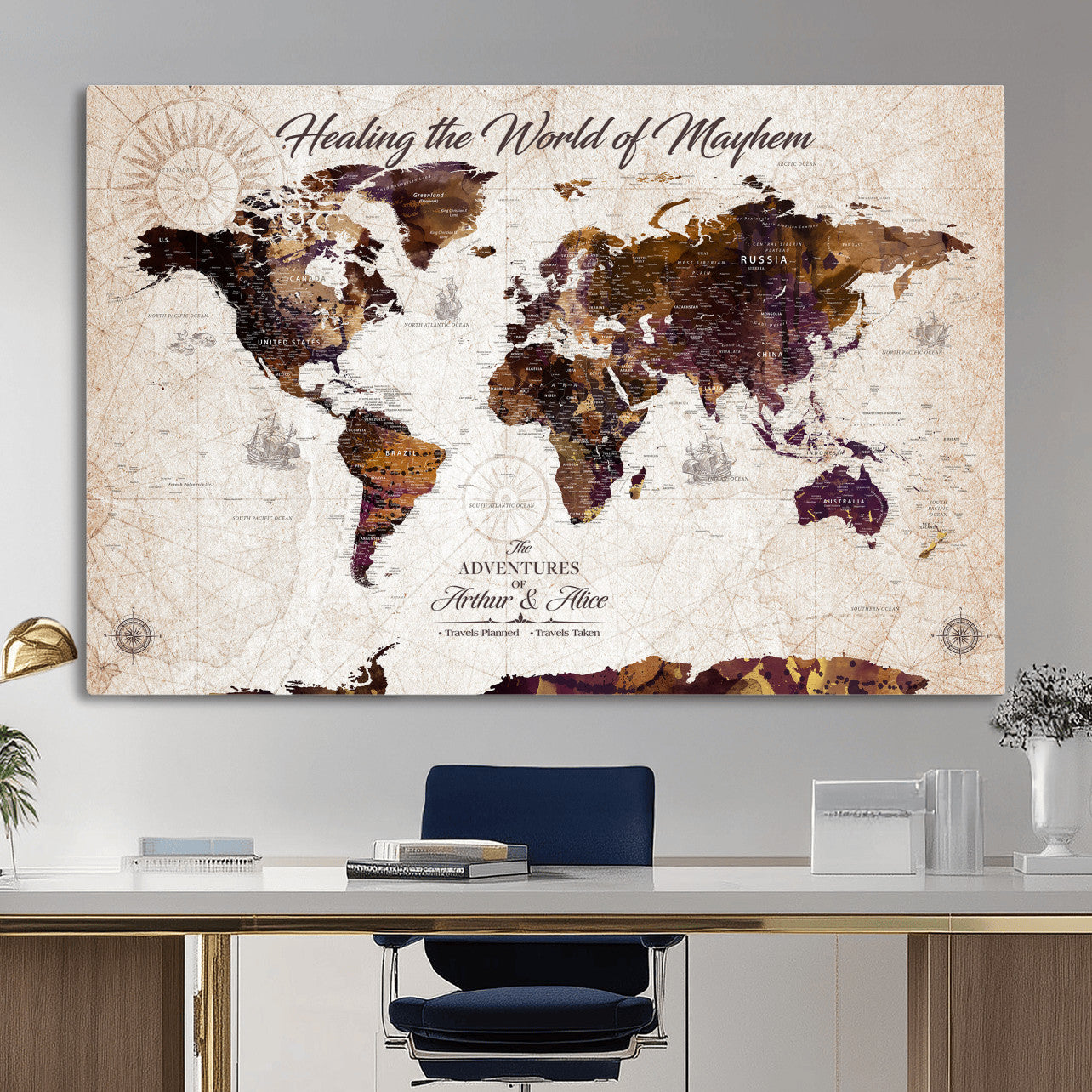 20154714-MGV-CV-36X24 - Custom Push Pin World Map Wall Art Canvas Print – Personalized Travel Tracker with Pins Framed Large for Home and Office Decor