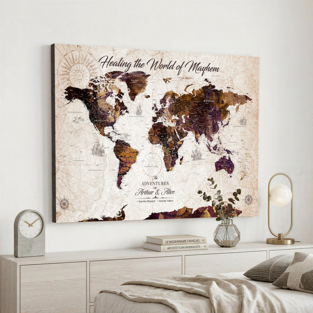 Personalized Framed Navy World Travel Map Wall Art with Pins, Honeymoon and Anniversary Gift, Living Room and Bedroom Decor