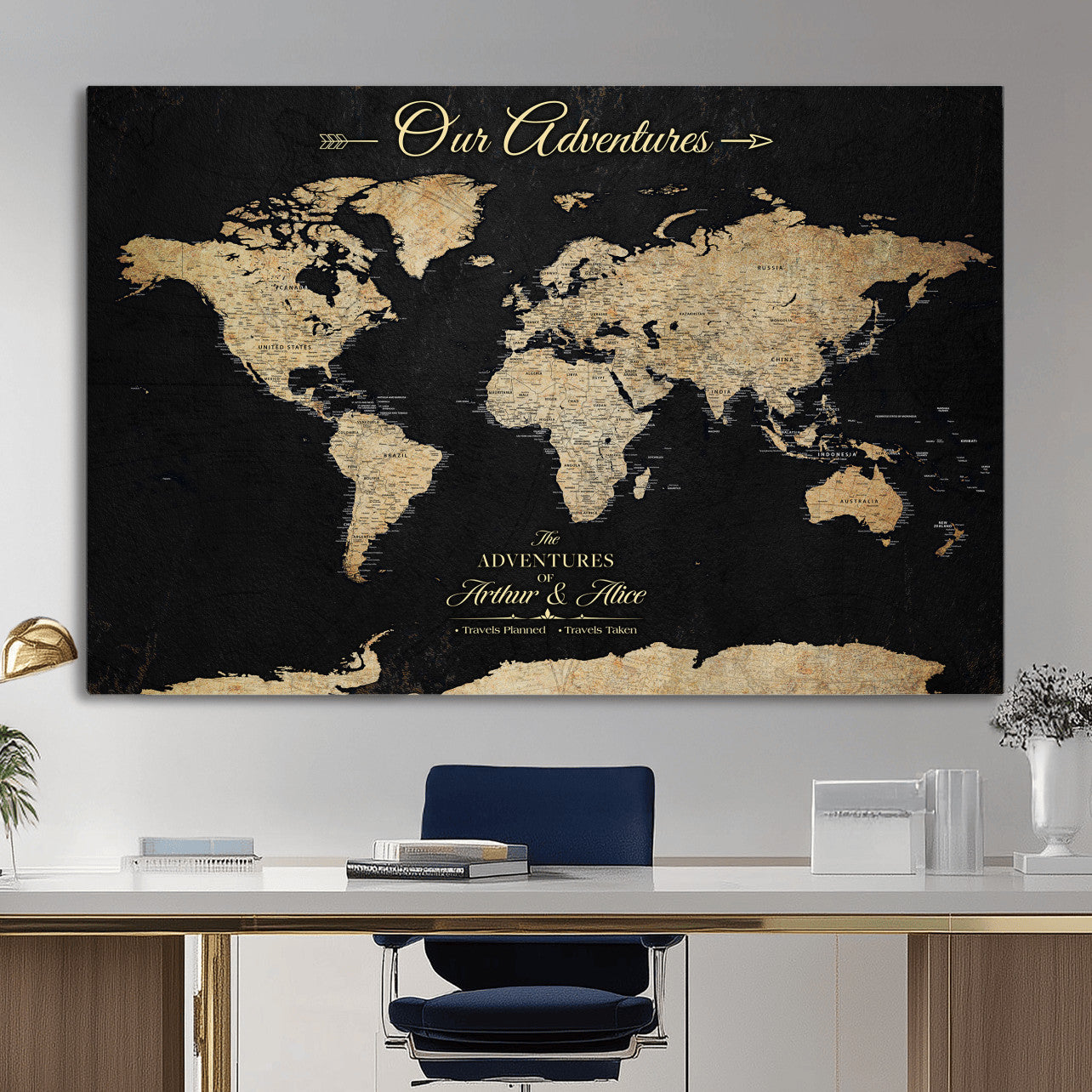 54638998-MGV-CV-36X24 - Custom Push Pin World Map Wall Art Canvas Print – Personalized Travel Tracker with Pins Framed Large for Home and Office Decor