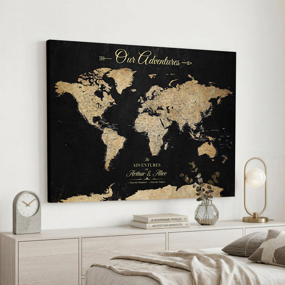 Personalized Framed Beige Push Pin World Map Canvas Print, Family Travel Tracker, Bedroom and Home Office Decor