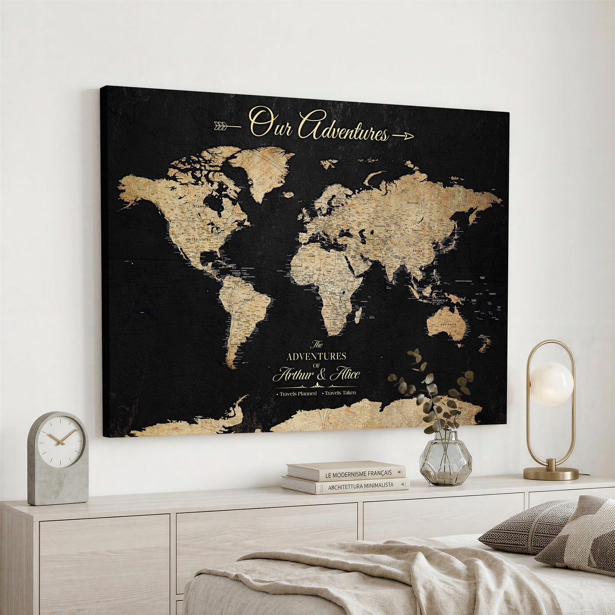 54638998-MGV-CV-36X24 - Custom Push Pin World Map Wall Art Canvas Print | Personalized Travel Tracker with Pins Framed Large for Home and Office Decor