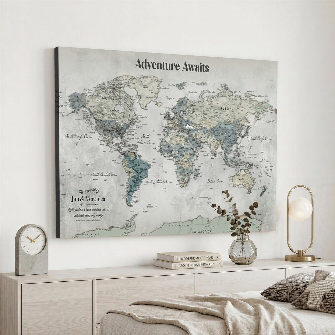 Personalized Framed Beige World Map Canvas with Push Pins, Places Visited Tracker, Bedroom and Entryway Decor