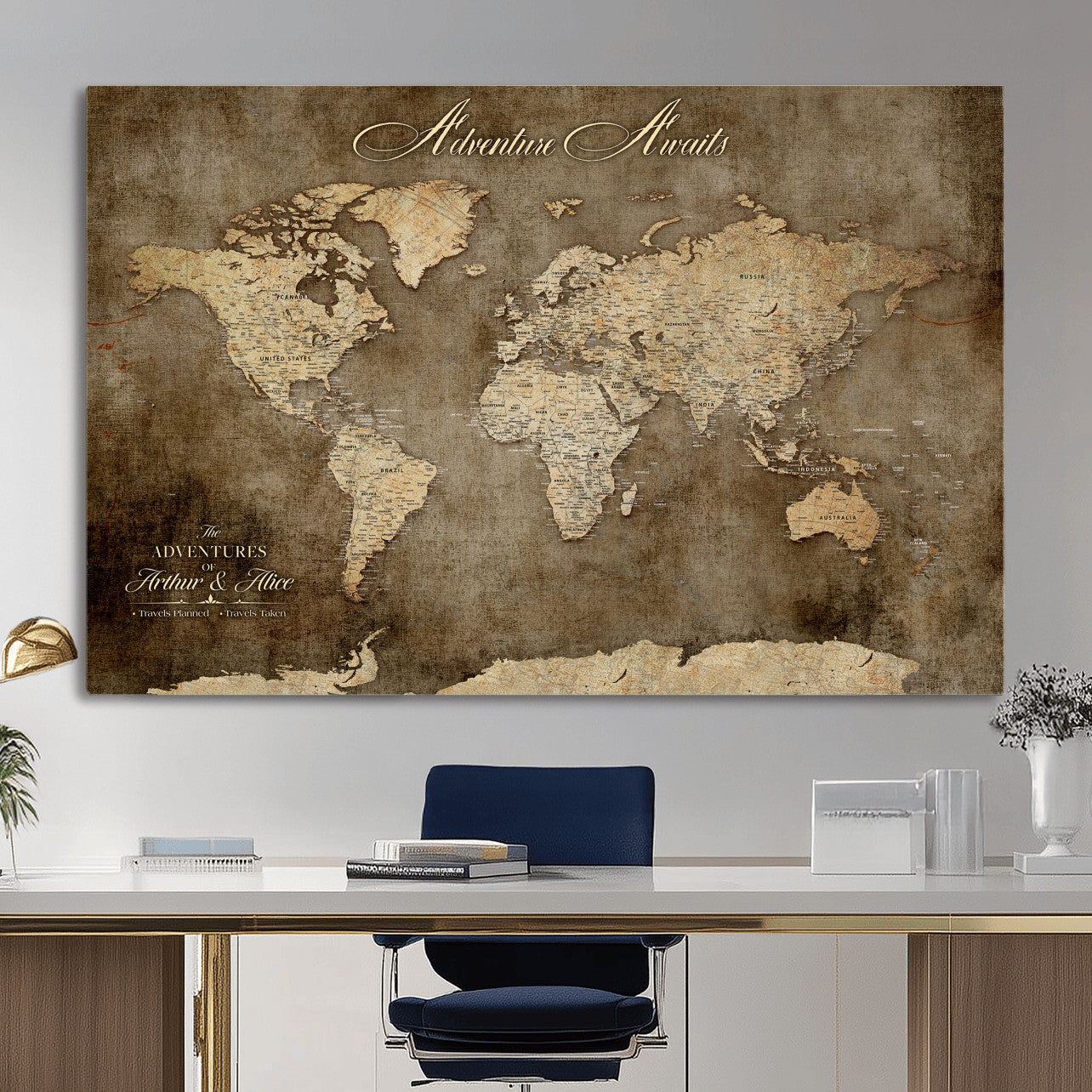 61836190-MGV-CV-36X24 - Custom Push Pin World Map Wall Art Canvas Print – Personalized Travel Tracker with Pins Framed Large for Home and Office Decor