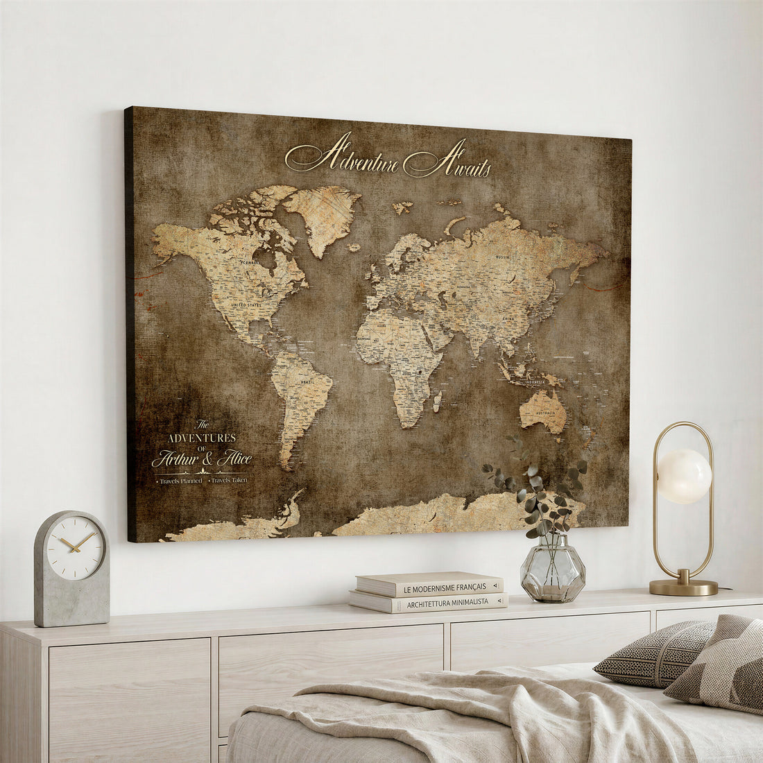 Personalized Framed Beige Push Pin Travel Map Canvas Print, Bucket List Map, Bedroom and Study Decor
