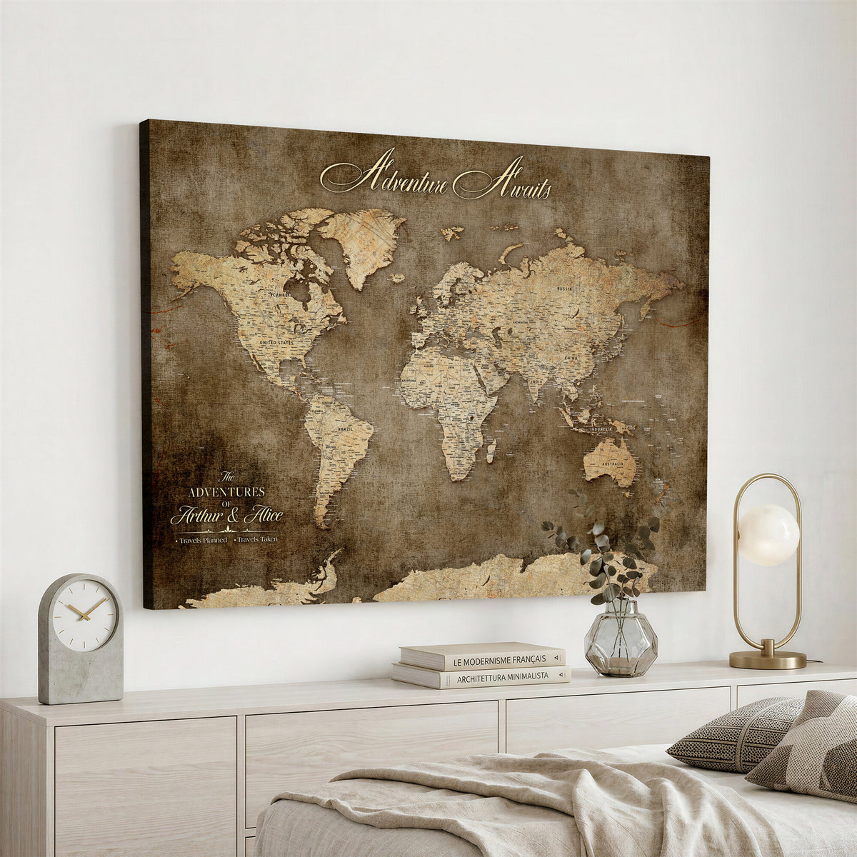 61836190-MGV-CV-36X24 - Custom Push Pin World Map Wall Art Canvas Print | Personalized Travel Tracker with Pins Framed Large for Home and Office Decor