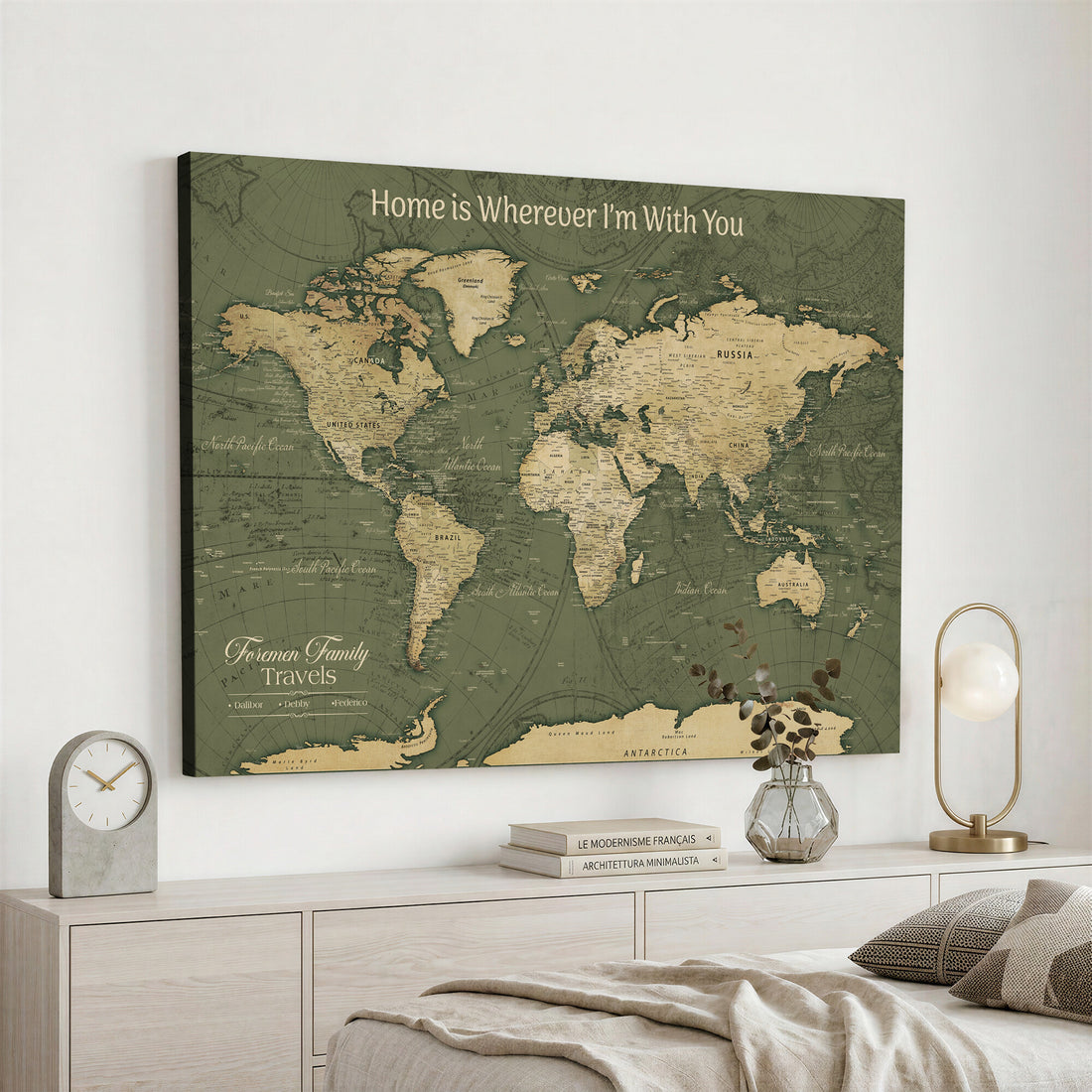 Personalized Framed Beige Geometric Push Pin World Map Canvas Print, Honeymoon and Anniversary Gift, Dining Room and Bedroom Decor