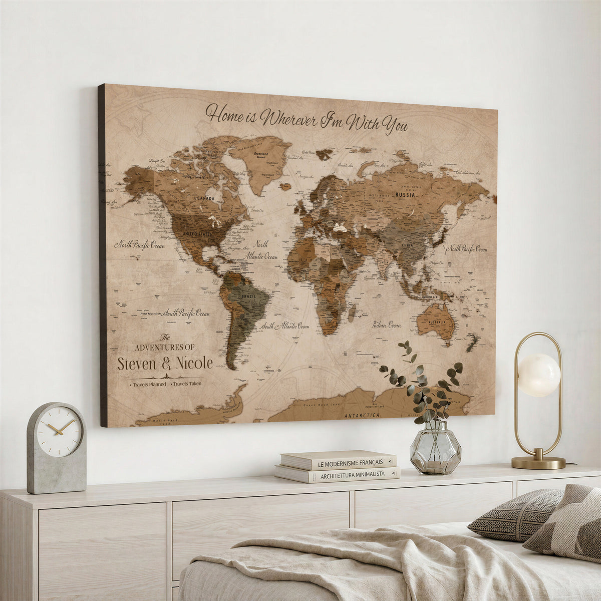67360040-MGV-CV-36X24 - Personalized Framed Navy Geometric World Map Canvas with Push Pins, Couples Countries Visited Map, Living Room and Hallway Decor