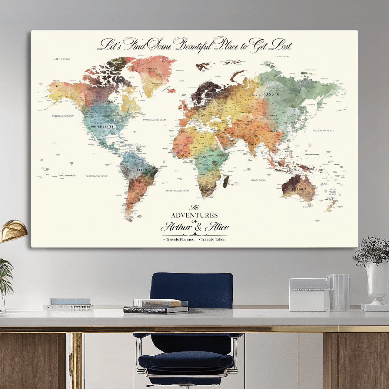 73360781-MGV-CV-36X24 - Custom Push Pin World Map Wall Art Canvas Print – Personalized Travel Tracker with Pins Framed Large for Home and Office Decor