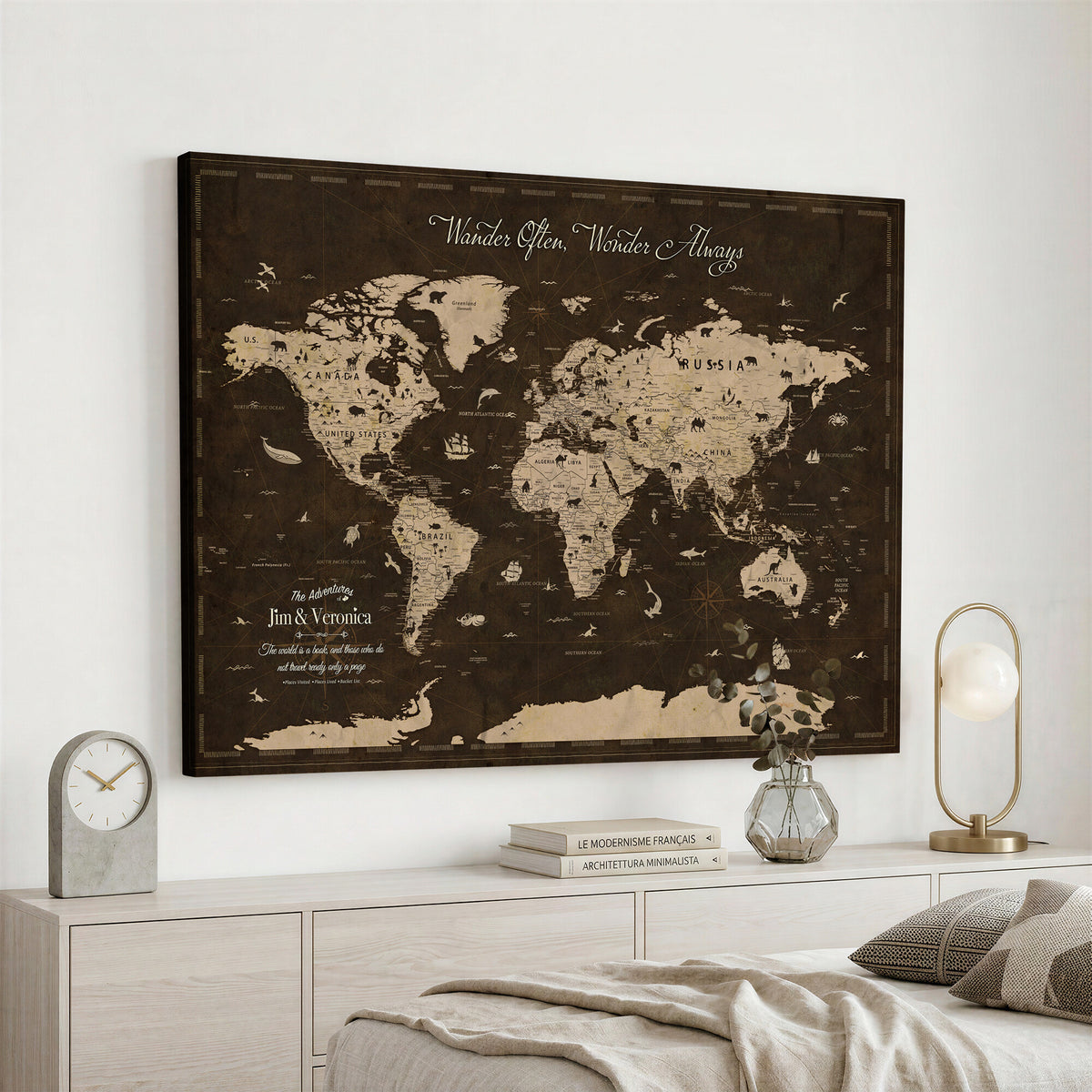20091587-MGV-CV-36X24 - Custom Push Pin World Map Wall Art Canvas Print | Personalized Travel Tracker with Pins Framed Large for Home and Office Decor