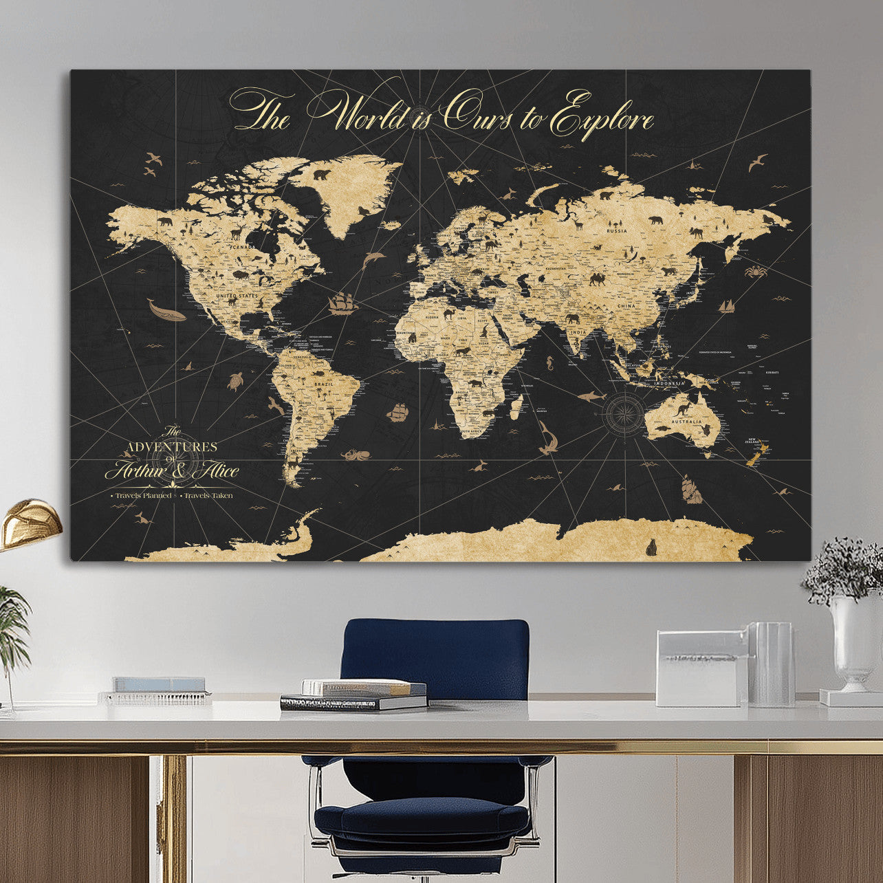 54097664-MGV-CV-36X24 - Custom Push Pin World Map Wall Art Canvas Print – Personalized Travel Tracker with Pins Framed Large for Home and Office Decor