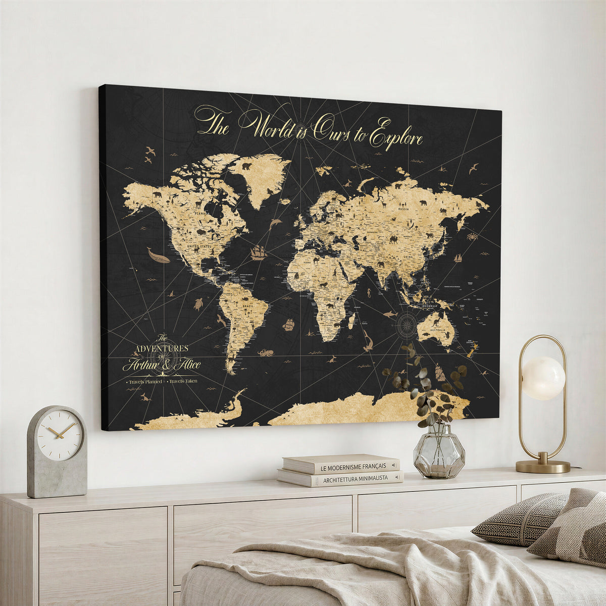 54097664-MGV-CV-36X24 - Custom Push Pin World Map Canvas Print, Couples Countries Visited Map, Living Room and Home Office Decor