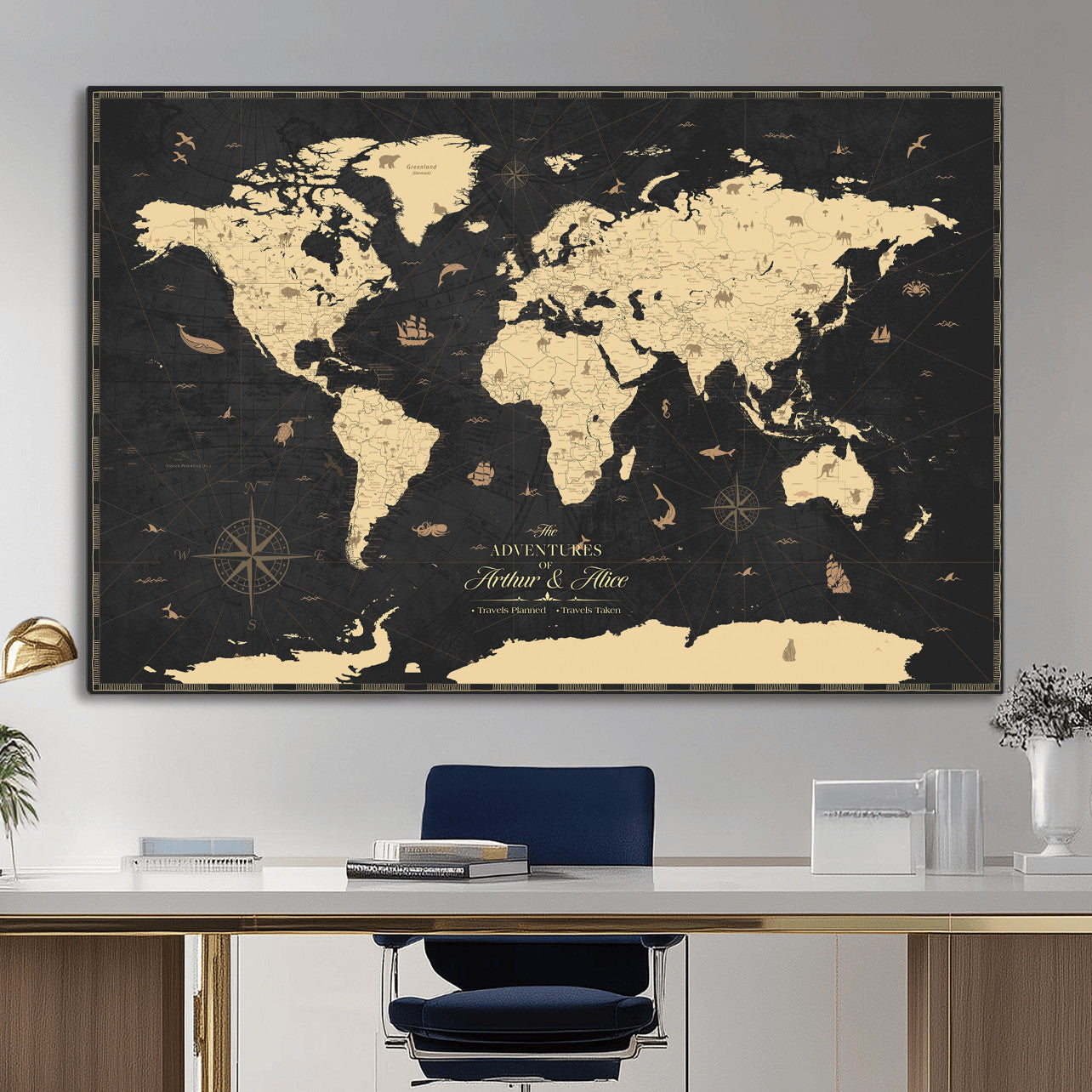 23208482-MGV-CV-36X24 - Custom Push Pin World Map Wall Art Canvas Print – Personalized Travel Tracker with Pins Framed Large for Home and Office Decor