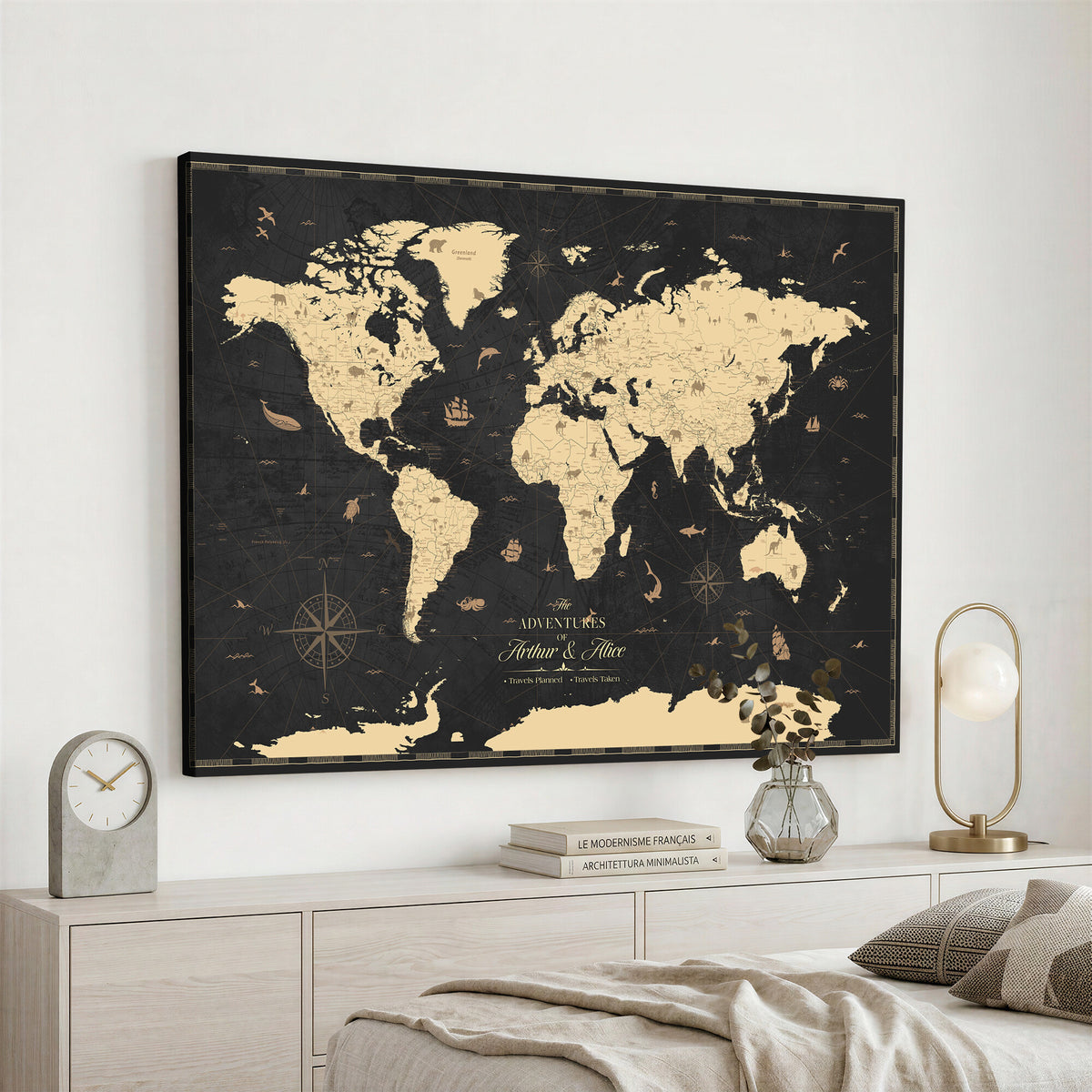 23208482-MGV-CV-36X24 - Custom Push Pin World Map Wall Art Canvas Print | Personalized Travel Tracker with Pins Framed Large for Home and Office Decor