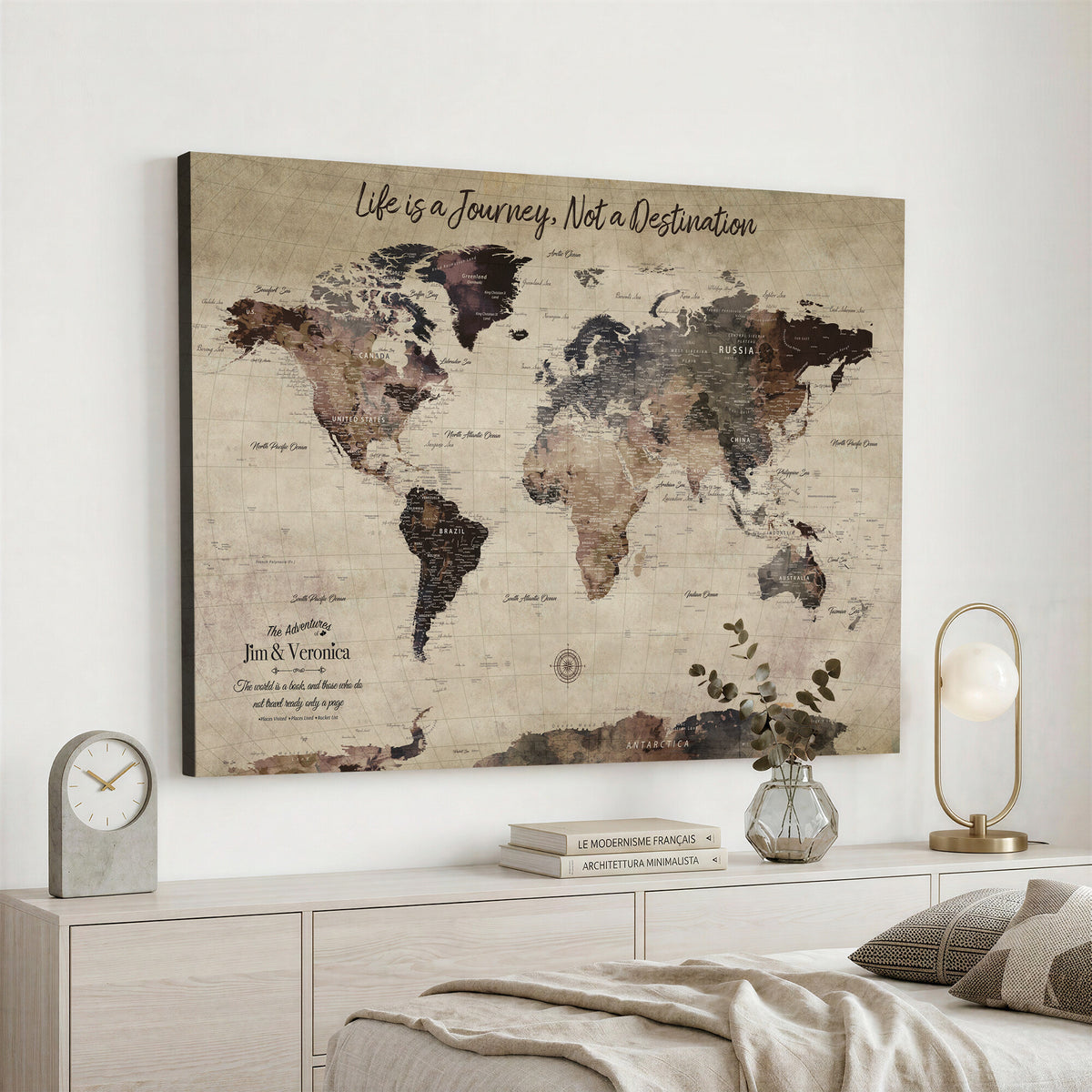 58257942-MGV-CV-36X24 - Custom Push Pin World Map Wall Art Canvas Print | Personalized Travel Tracker with Pins Framed Large for Home and Office Decor