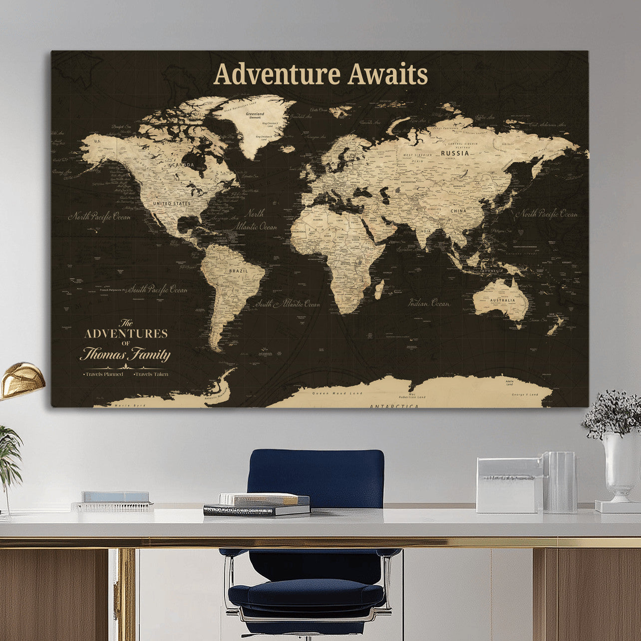 47597338-MGV-CV-36X24 - Custom Push Pin World Map Wall Art Canvas Print – Personalized Travel Tracker with Pins Framed Large for Home and Office Decor