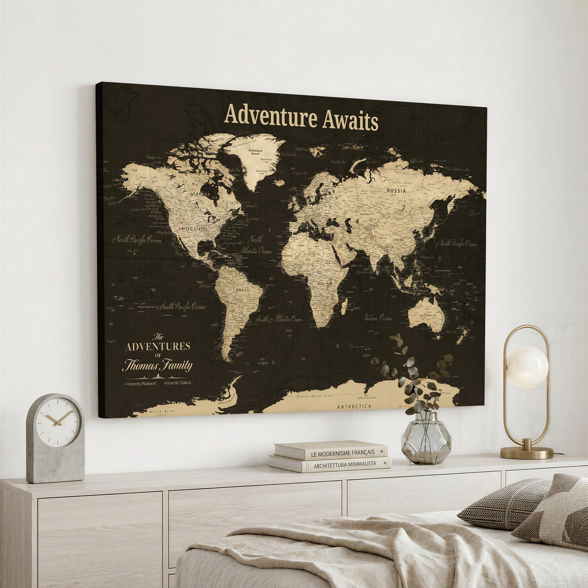 47597338-MGV-CV-36X24 - Custom Push Pin World Map Wall Art Canvas Print | Personalized Travel Tracker with Pins Framed Large for Home and Office Decor