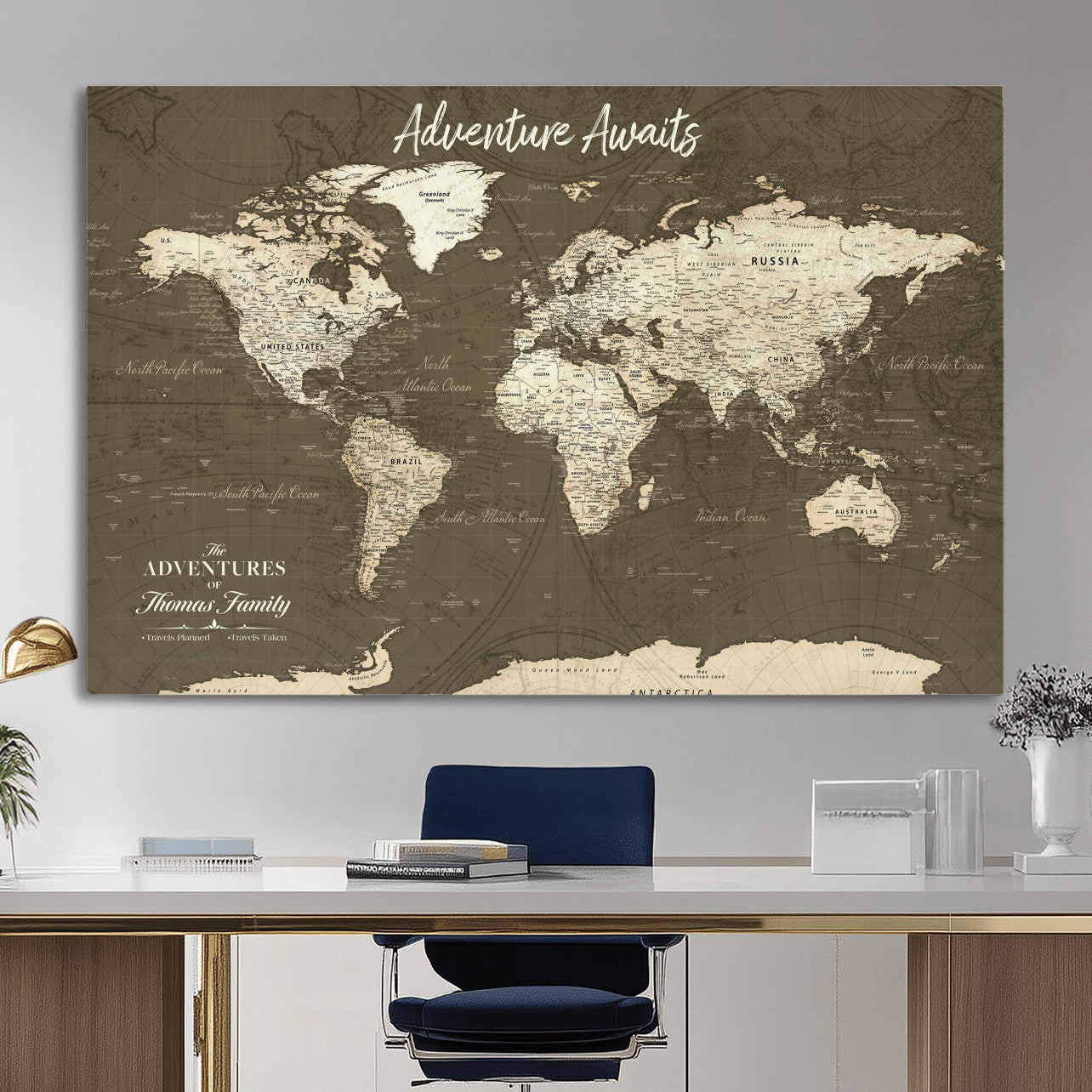 27762875-MGV-CV-36X24 - Custom Push Pin World Map Wall Art Canvas Print – Personalized Travel Tracker with Pins Framed Large for Home and Office Decor