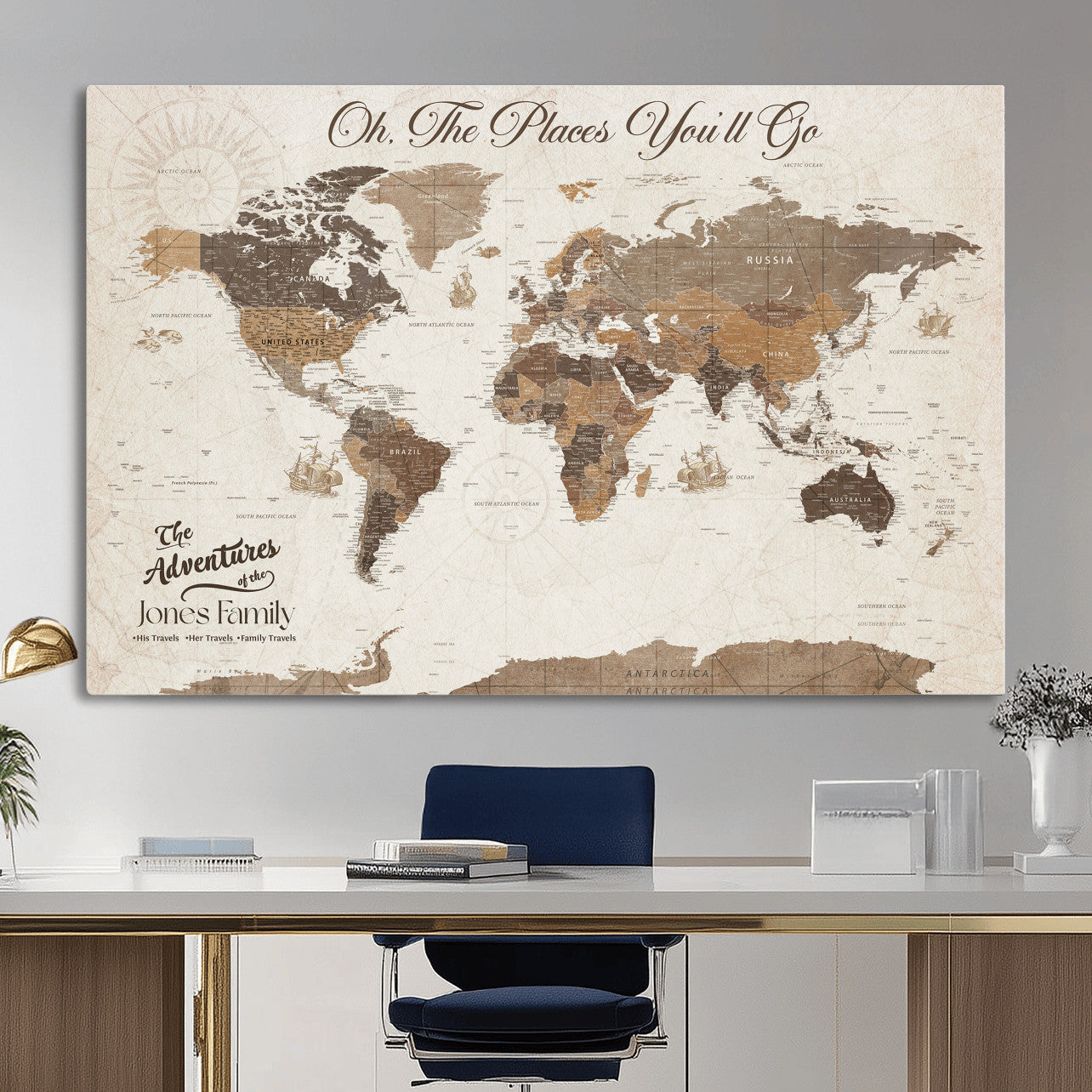 99085321-MGV-CV-36X24 - Custom Push Pin World Map Wall Art Canvas Print – Personalized Travel Tracker with Pins Framed Large for Home and Office Decor