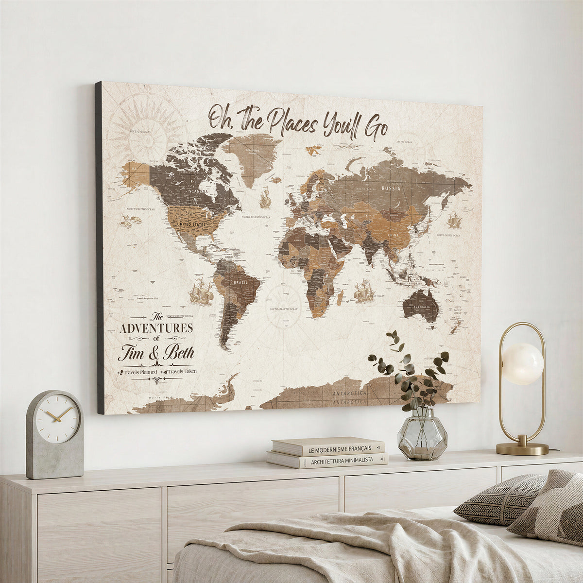 NEWMAP-8-MGV-CV-36X24 - Custom Beige World Travel Map Wall Art with Pins, Couples Countries Visited Map, Living Room and Study Decor