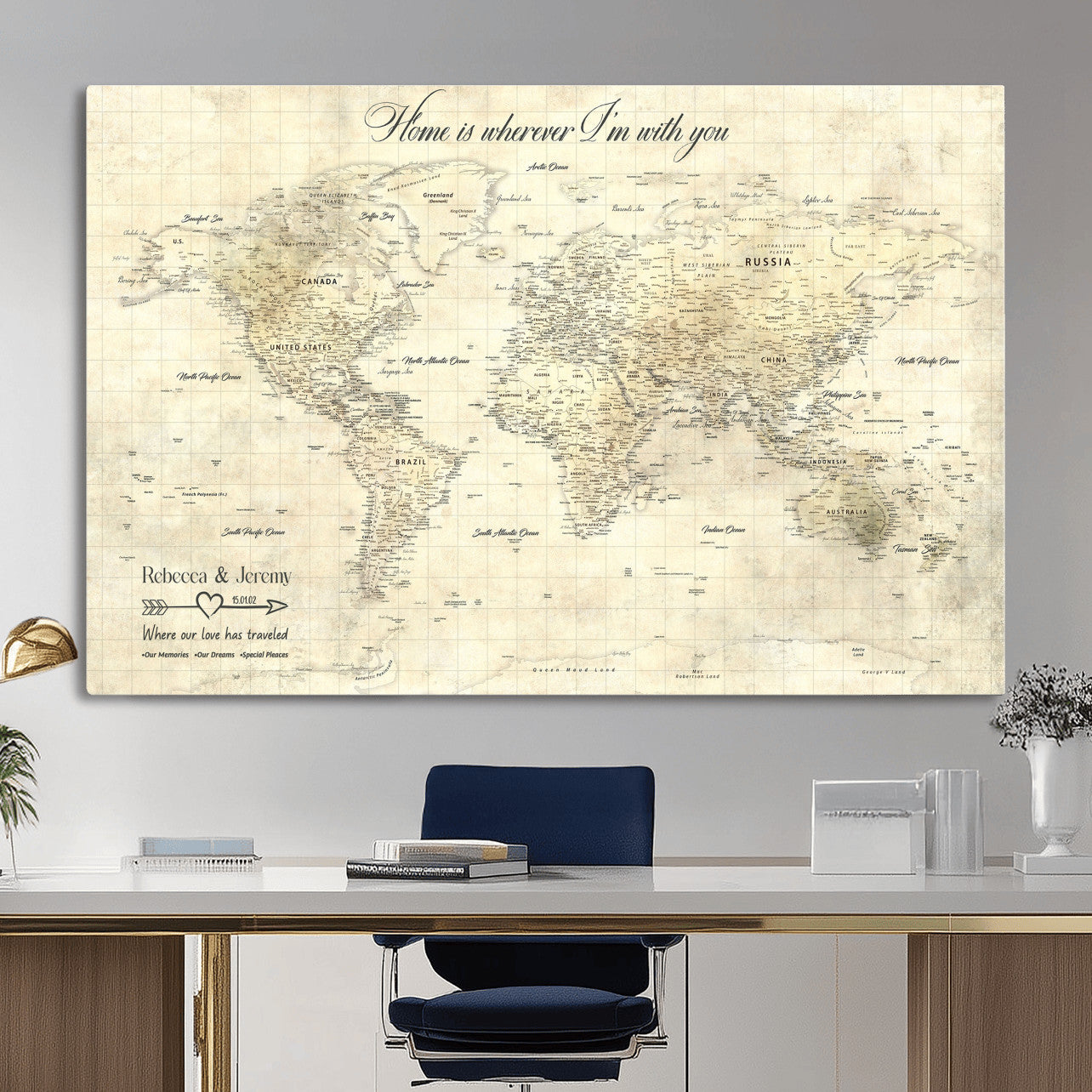 30705590-MGV-CV-36X24 - Custom Push Pin World Map Wall Art Canvas Print – Personalized Travel Tracker with Pins Framed Large for Home and Office Decor