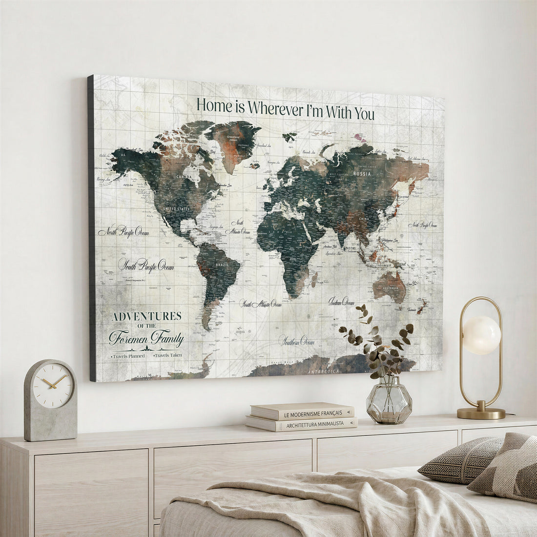 Personalized Beige Modern Push Pin Travel Map Canvas Print, Couples Countries Visited Map, Dining Room and Bedroom Decor