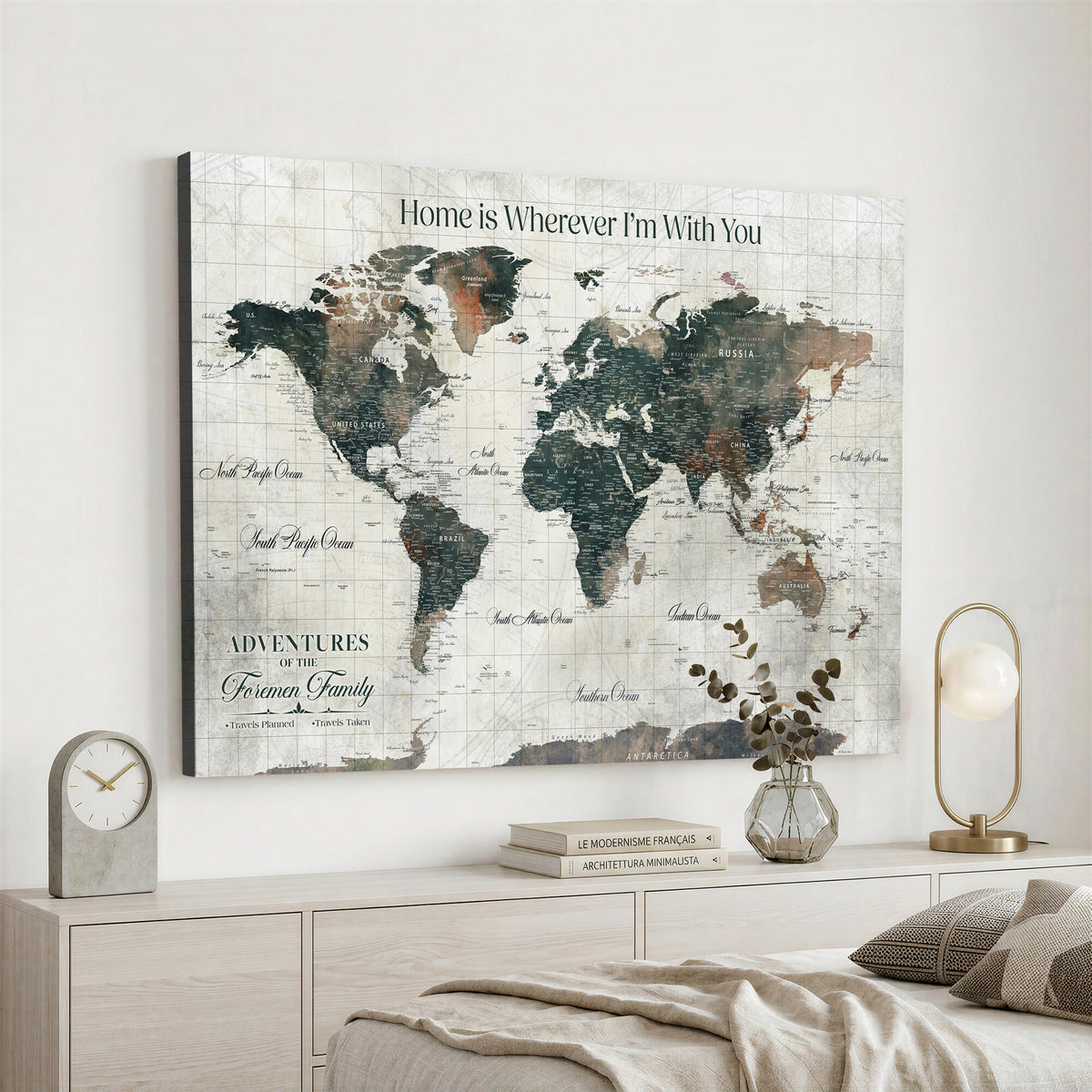98050124-MGV-CV-36X24 - Personalized Beige Modern Push Pin Travel Map Canvas Print, Couples Countries Visited Map, Dining Room and Bedroom Decor