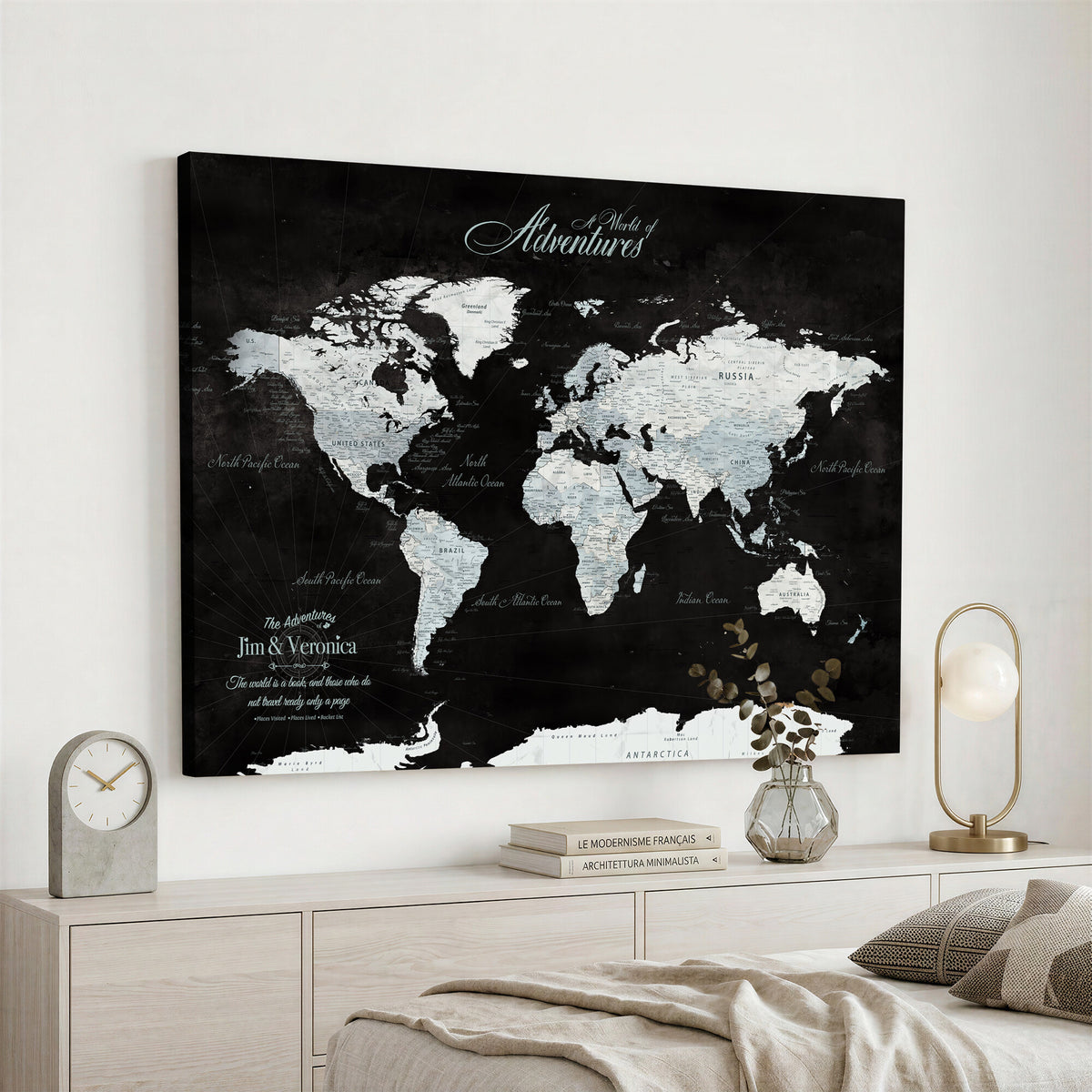 67491071-MGV-CV-36X24 - Custom Beige World Travel Map Wall Art with Pins, Places Visited Tracker, Bedroom and Home Office Decor